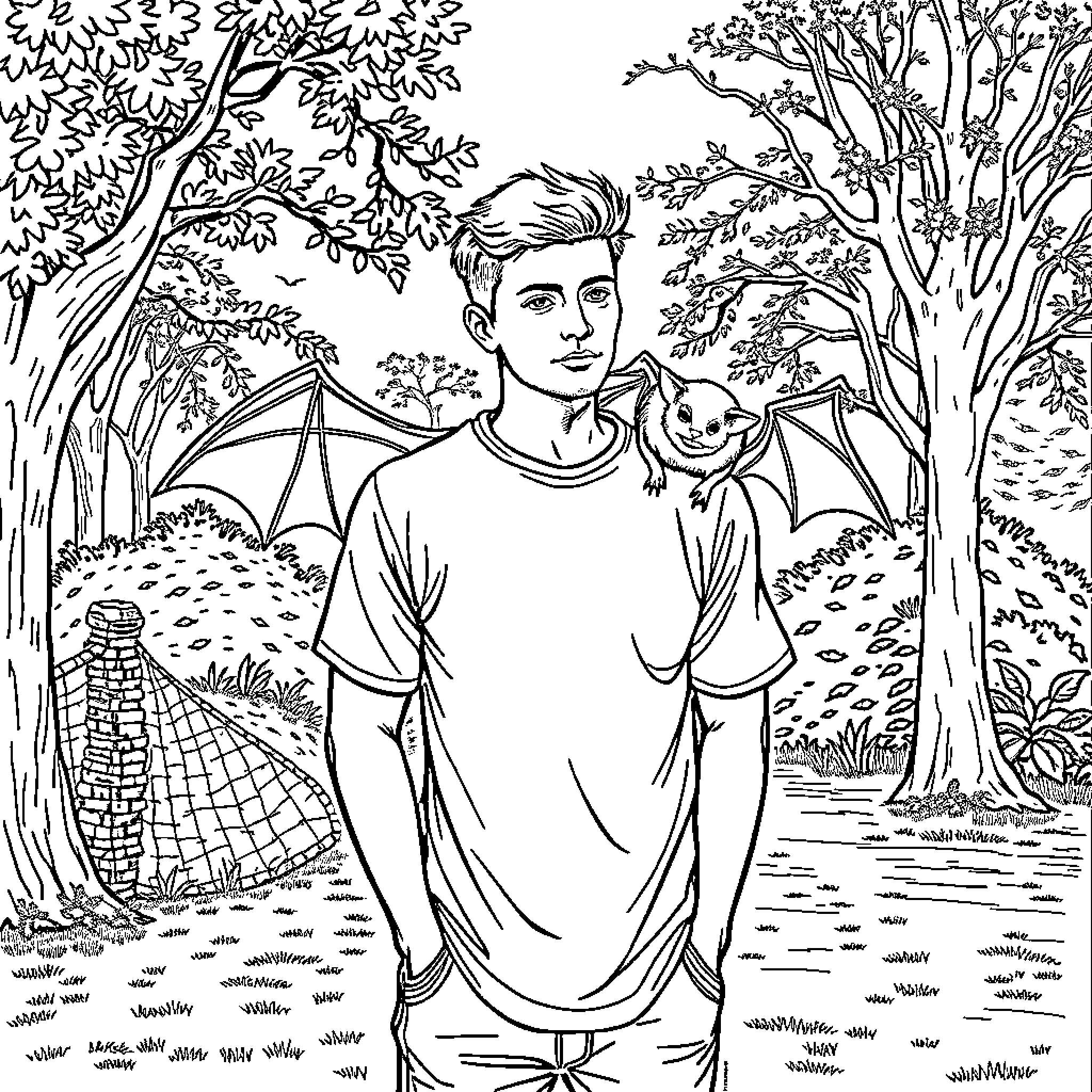 Man standing in a mystical forest landscape Coloring Page (free black-and-white line drawing printable PDF for all, from beginners to advanced learners, including children, teens, adults, and seniors)