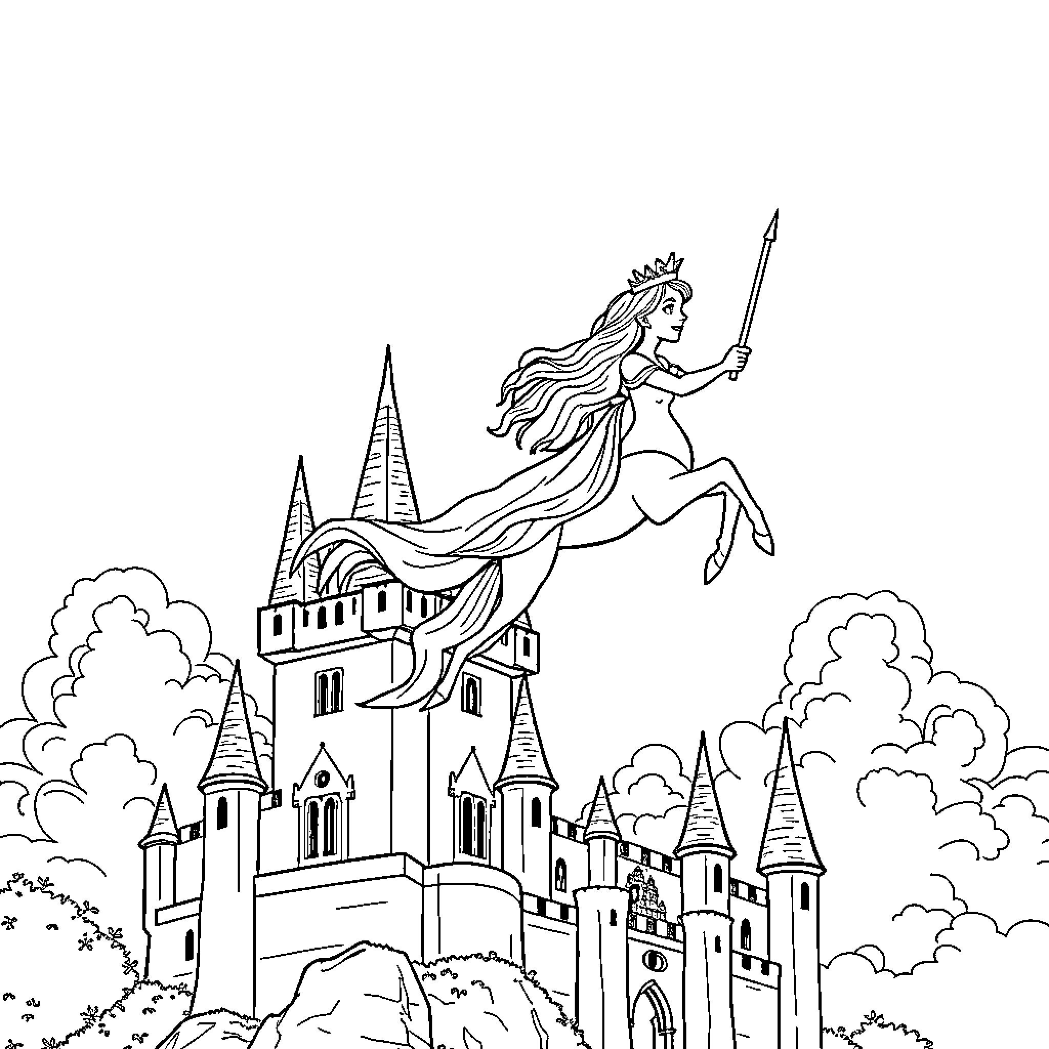 Princess Riding a Magical Horse Towards the Castle Coloring Page (free black-and-white line drawing printable PDF for all, from beginners to advanced learners, including children, teens, adults, and seniors)