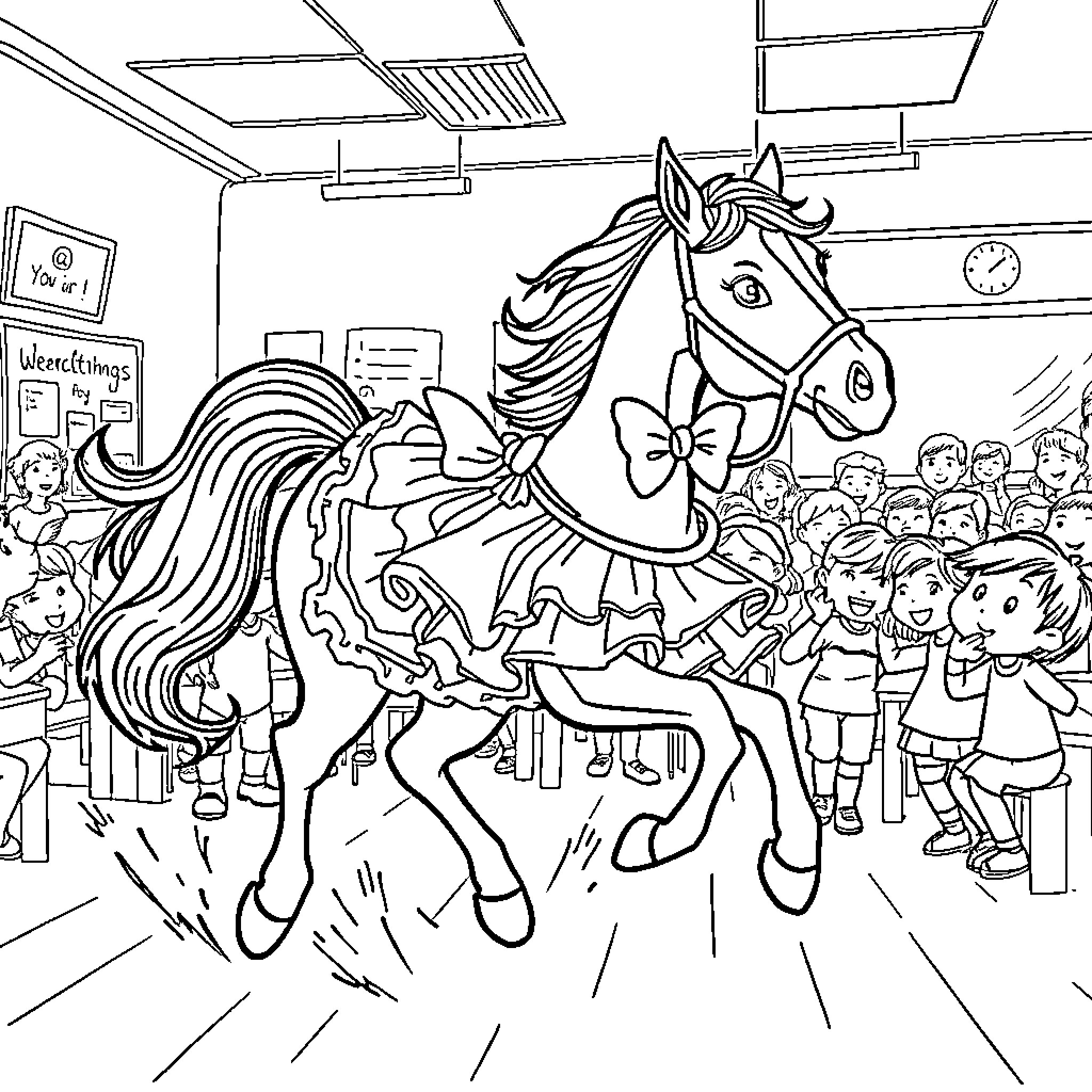 Mare Riding Carousel in Classroom Setting Coloring Page (free black-and-white line drawing printable PDF for all, from beginners to advanced learners, including children, teens, adults, and seniors)