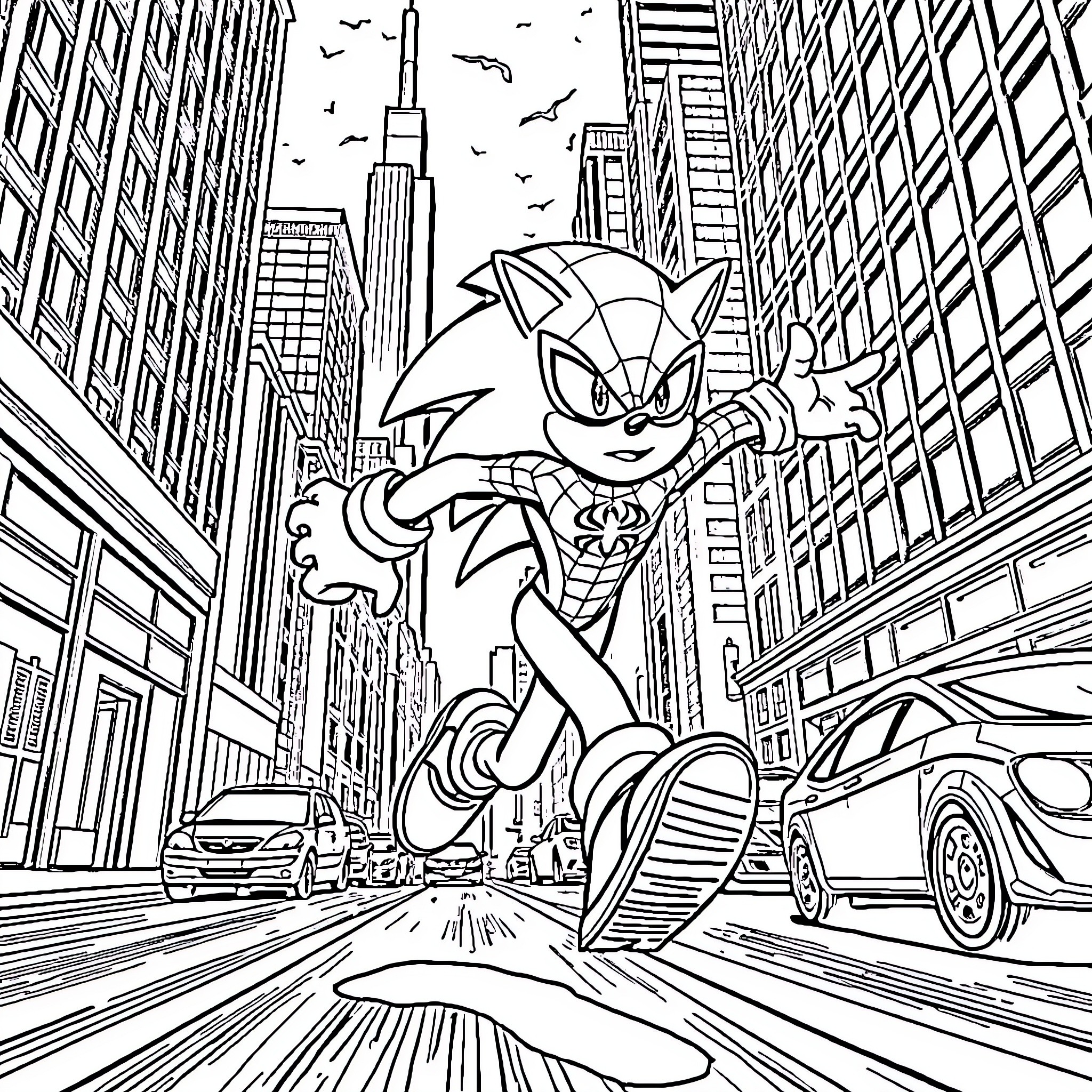 Sonic dashing through a bustling city skyline Coloring Page (free black-and-white line drawing printable PDF for all, from beginners to advanced learners, including children, teens, adults, and seniors)