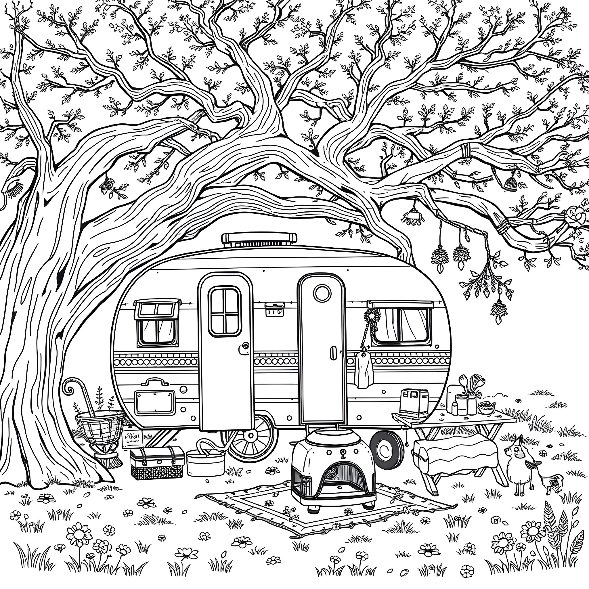 Trailer of vintage camping under the big tree Coloring Page (free black-and-white line drawing printable PDF for all, from beginners to advanced learners, including children, teens, adults, and seniors)
