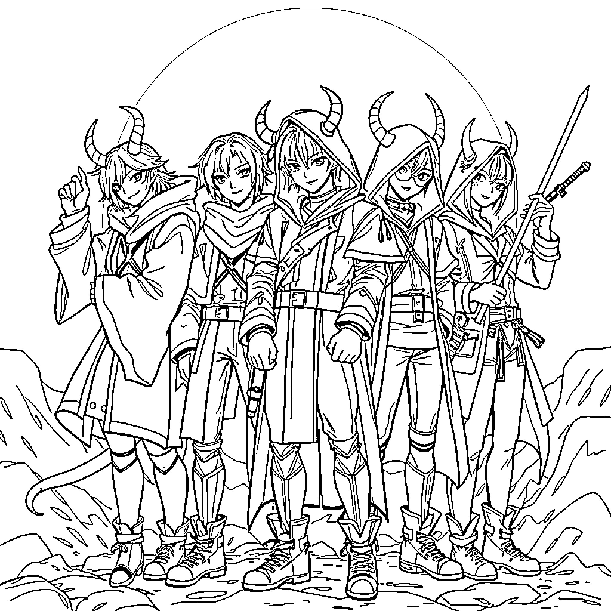 Kpop Demon Hunters: Fierce Warriors in Striking Attire Coloring Page (free black-and-white line drawing printable PDF for all, from beginners to advanced learners, including children, teens, adults, and seniors)