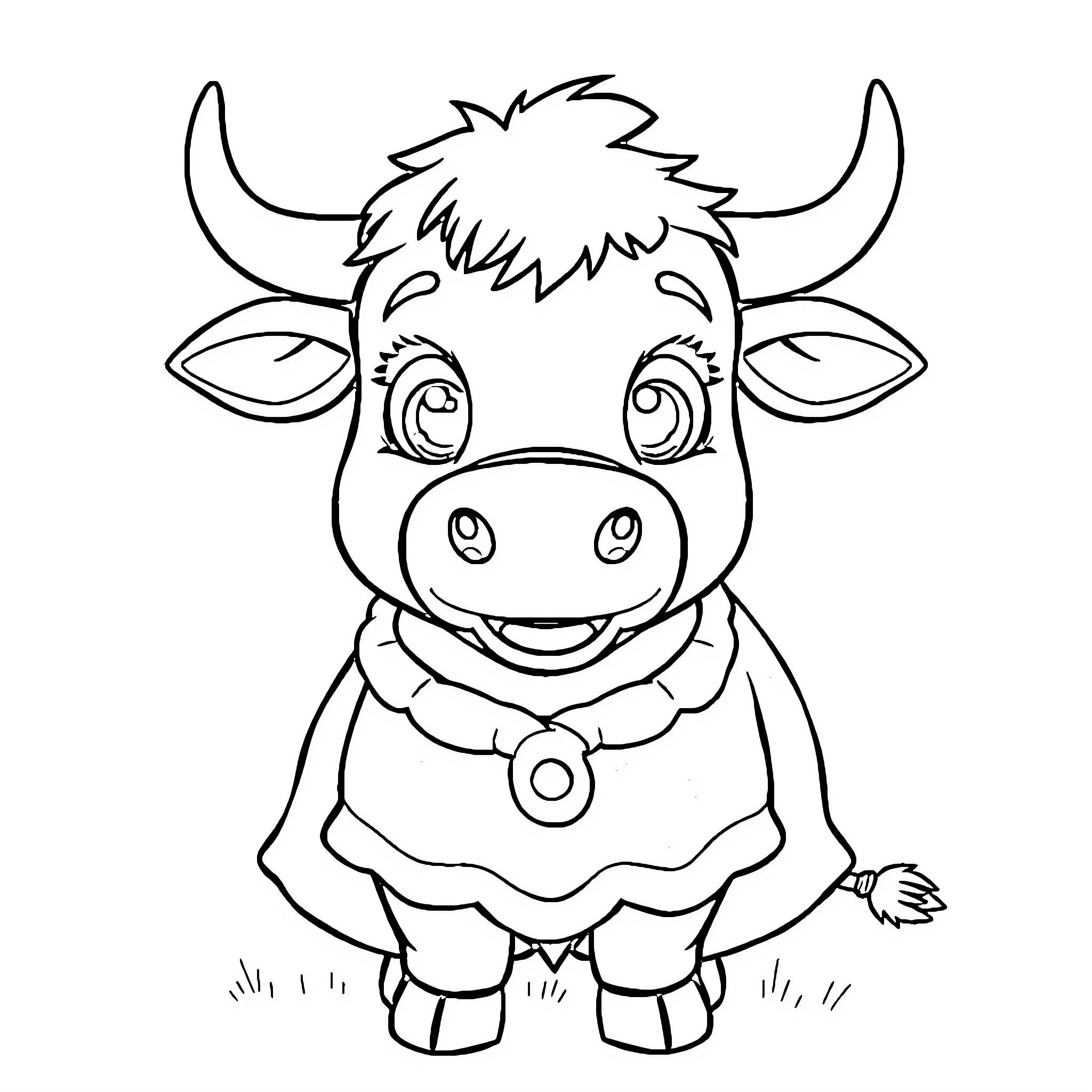 Highland Cow wearing a dress and smiling happily Coloring Page (free black-and-white line drawing printable PDF for all, from beginners to advanced learners, including children, teens, adults, and seniors)