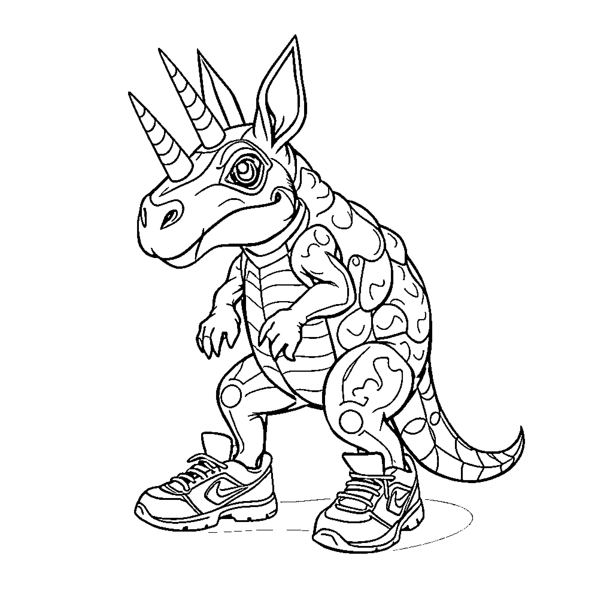 Brainrot: Eclectic unicorn-like creature in casual attire Coloring Page (free black-and-white line drawing printable PDF for all, from beginners to advanced learners, including children, teens, adults, and seniors)