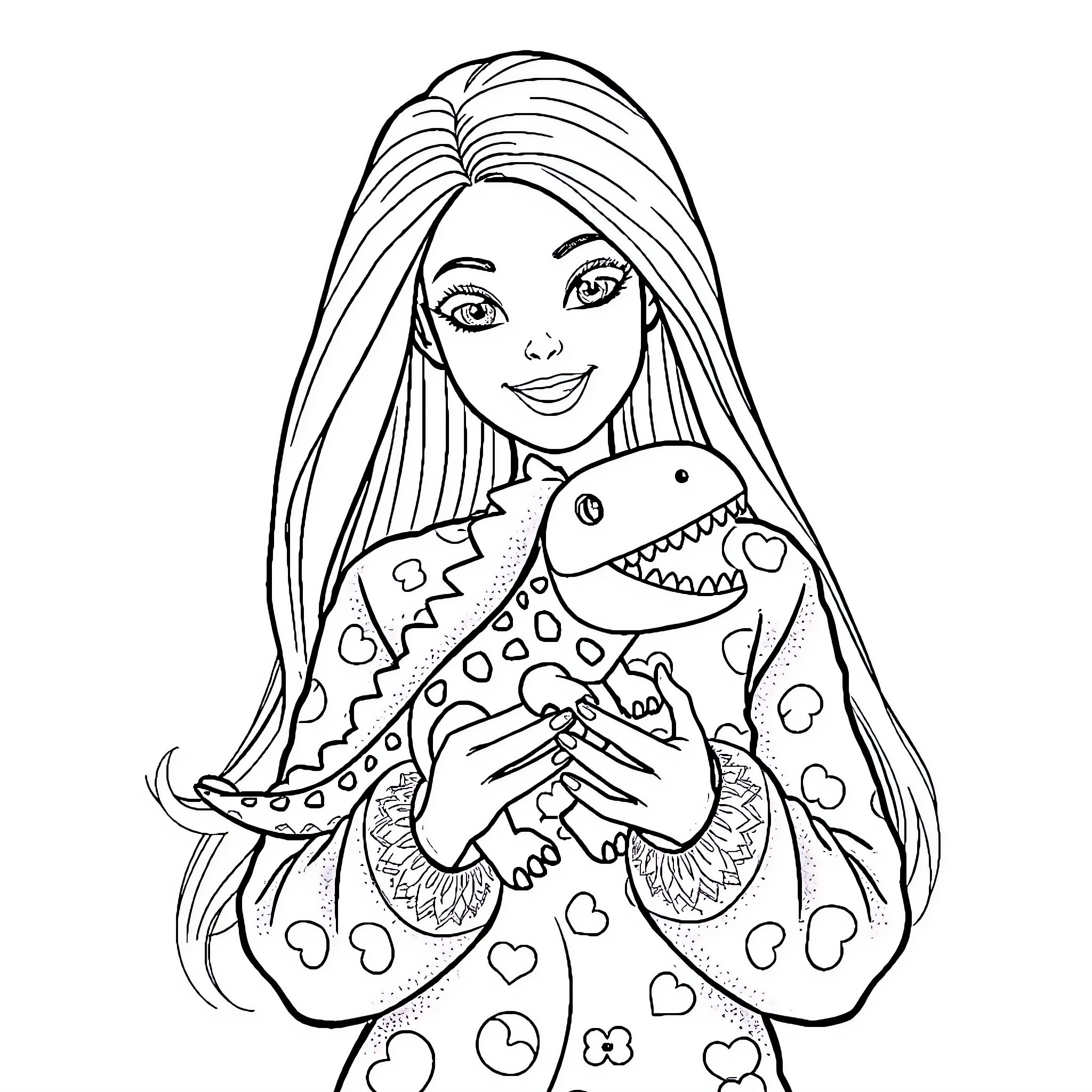 Barbie playing with a cute toy dinosaur Coloring Page (free black-and-white line drawing printable PDF for all, from beginners to advanced learners, including children, teens, adults, and seniors)