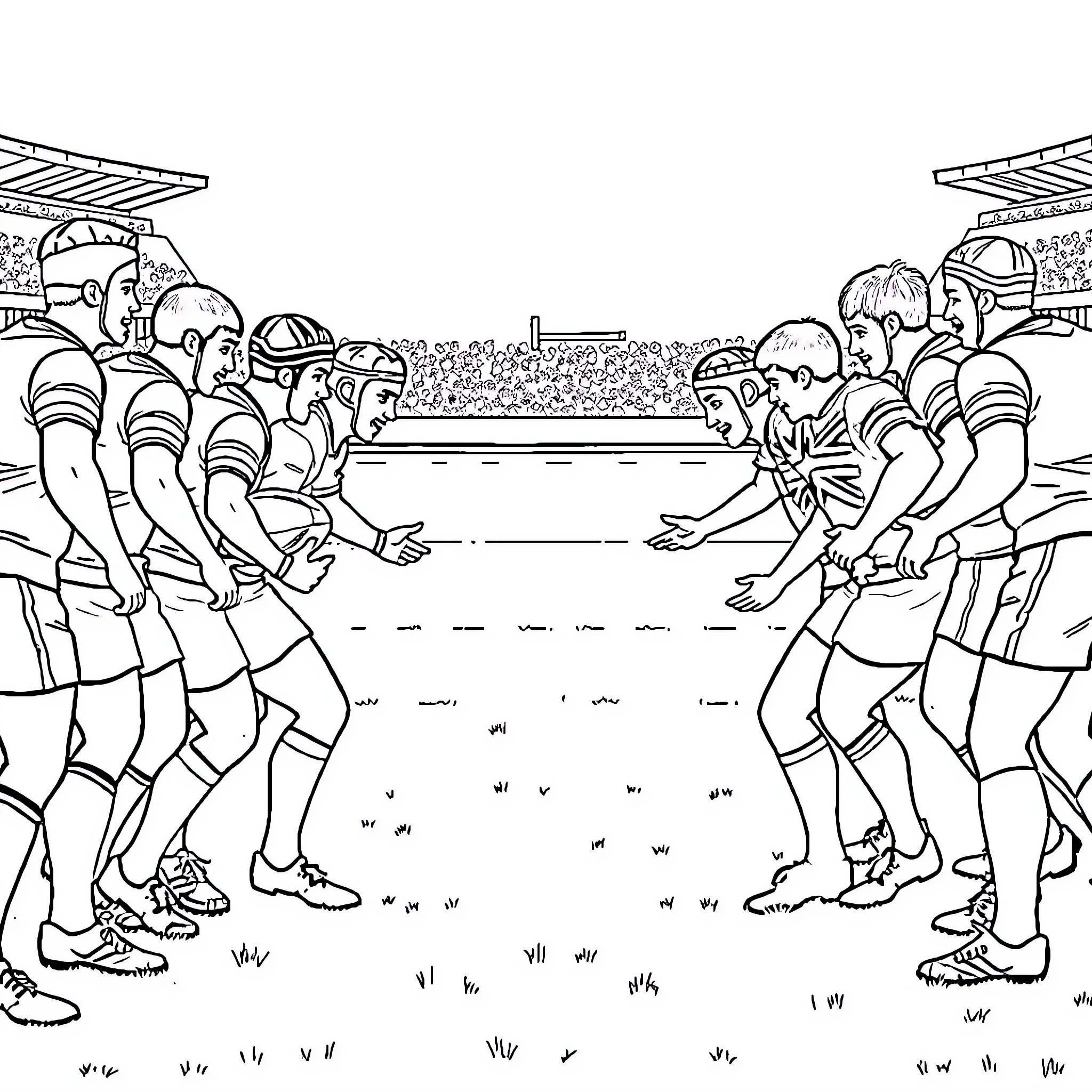 Rugby players competing fiercely on the field Coloring Page (free black-and-white line drawing printable PDF for all, from beginners to advanced learners, including children, teens, adults, and seniors)