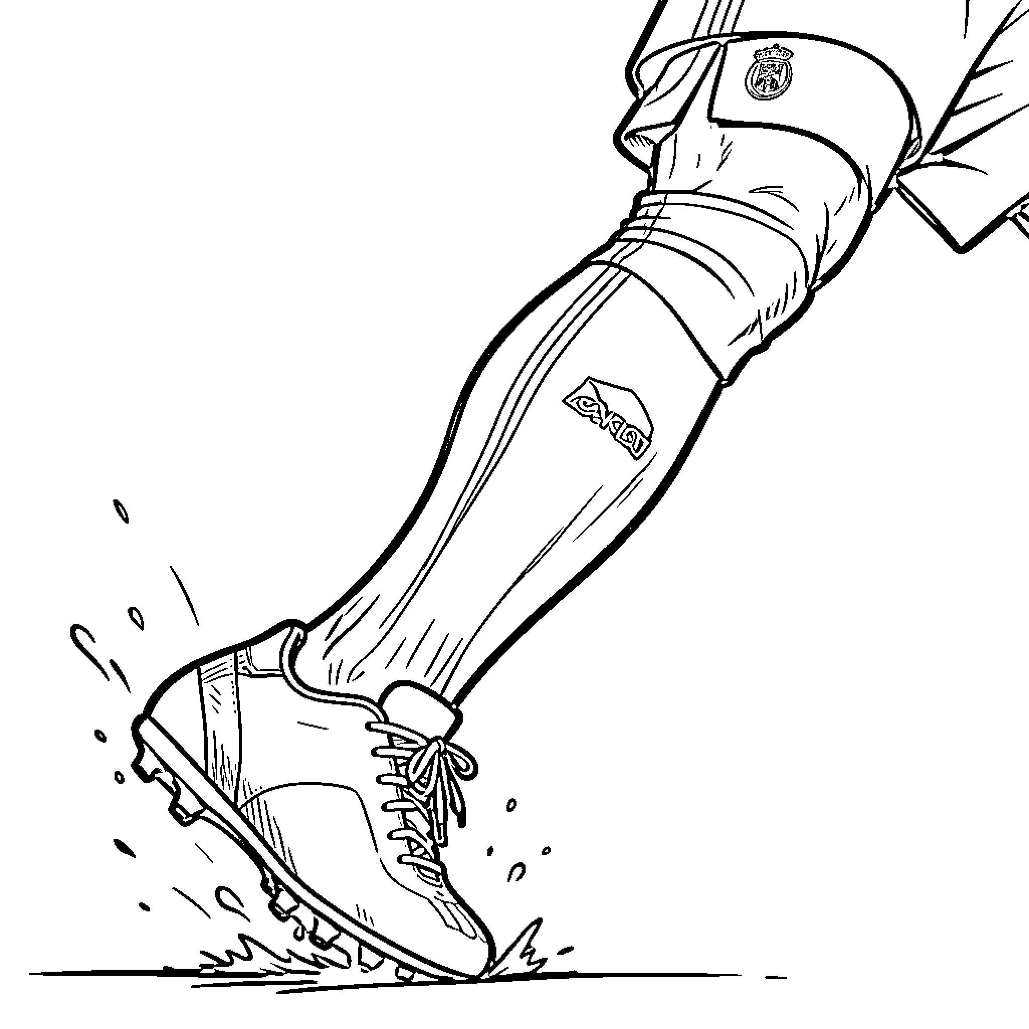 Cristiano Ronaldo kicking a soccer ball on the field Coloring Page (free black-and-white line drawing printable PDF for all, from beginners to advanced learners, including children, teens, adults, and seniors)