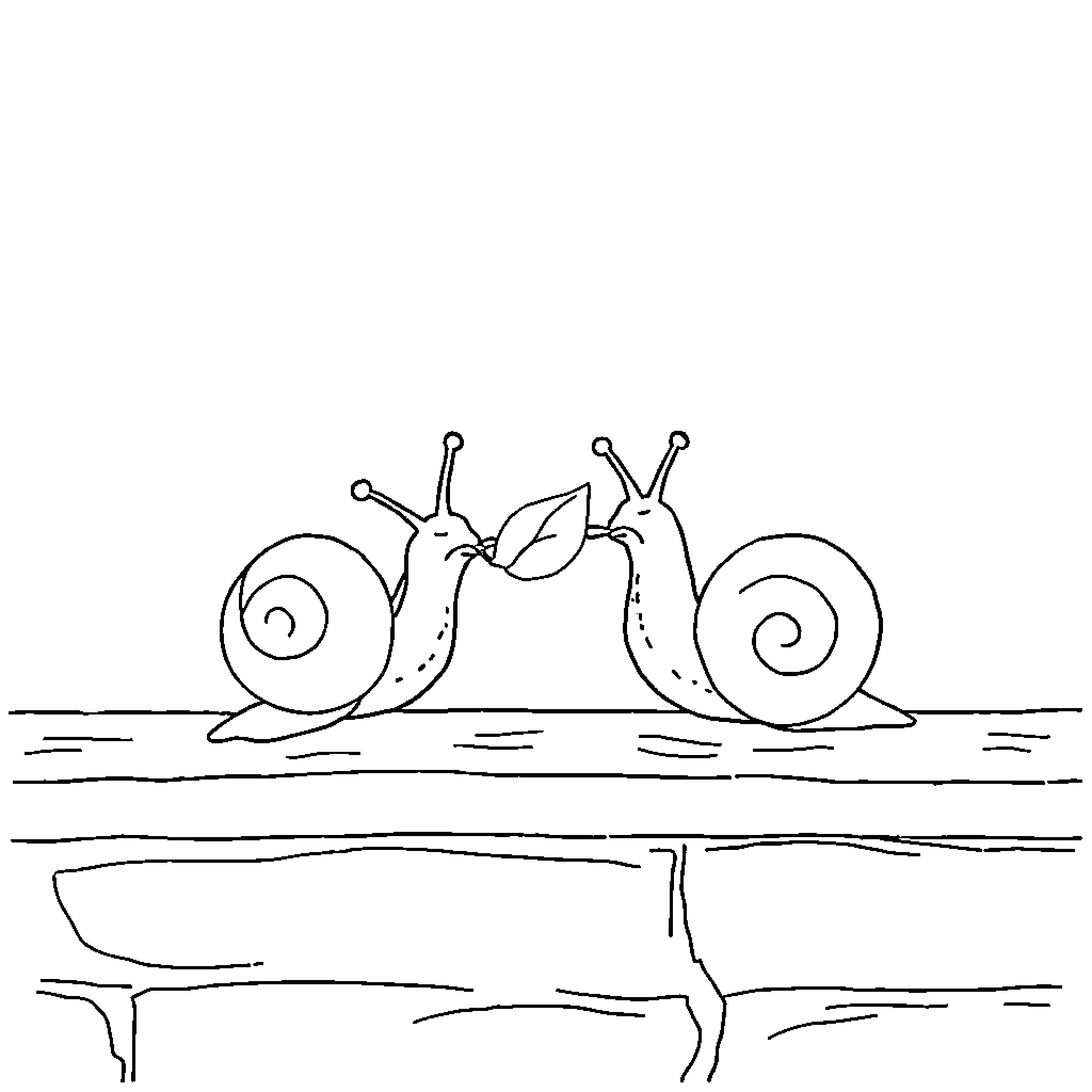 Snails embracing on the ground Coloring Page (free black-and-white line drawing printable PDF for all, from beginners to advanced learners, including children, teens, adults, and seniors)