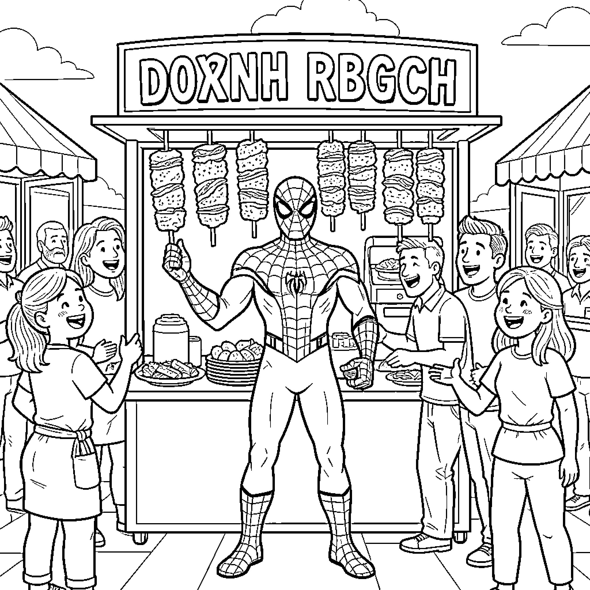Spiderman serving delicious treats at a local food stall Coloring Page (free black-and-white line drawing printable PDF for all, from beginners to advanced learners, including children, teens, adults, and seniors)
