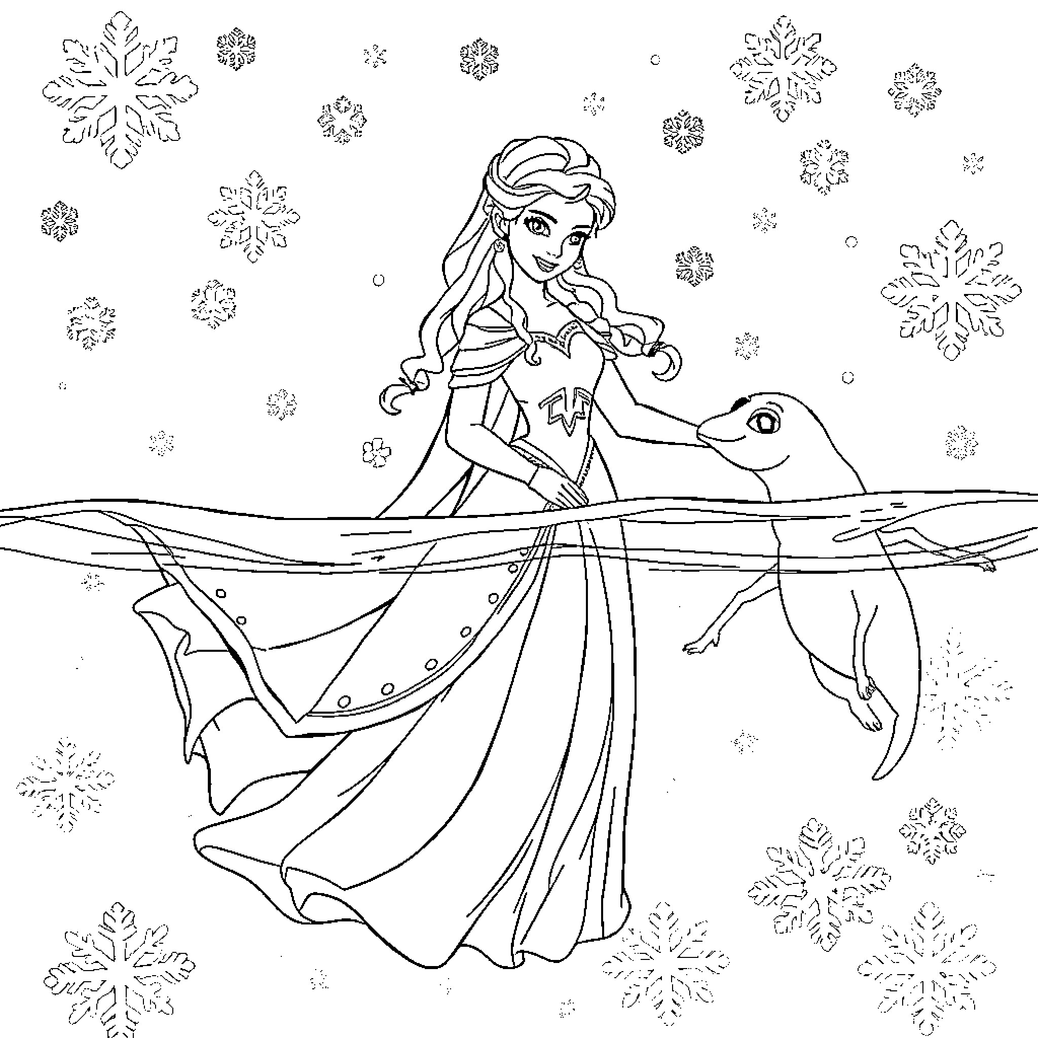 Queen riding on a sea creature in winter wonderland Coloring Page (free black-and-white line drawing printable PDF for all, from beginners to advanced learners, including children, teens, adults, and seniors)