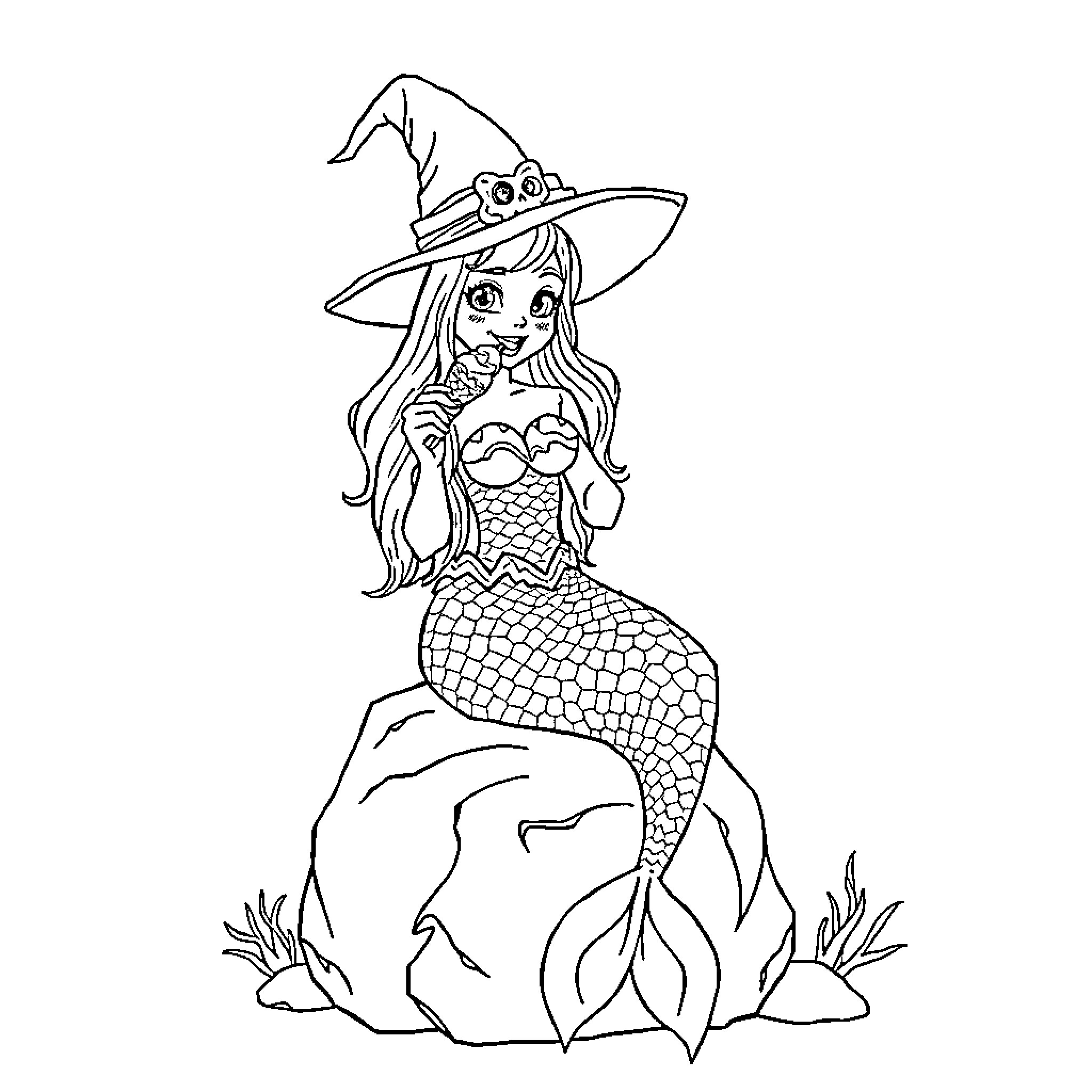 Mermaid Witch Sitting on a Rock Coloring Page (free black-and-white line drawing printable PDF for all, from beginners to advanced learners, including children, teens, adults, and seniors)