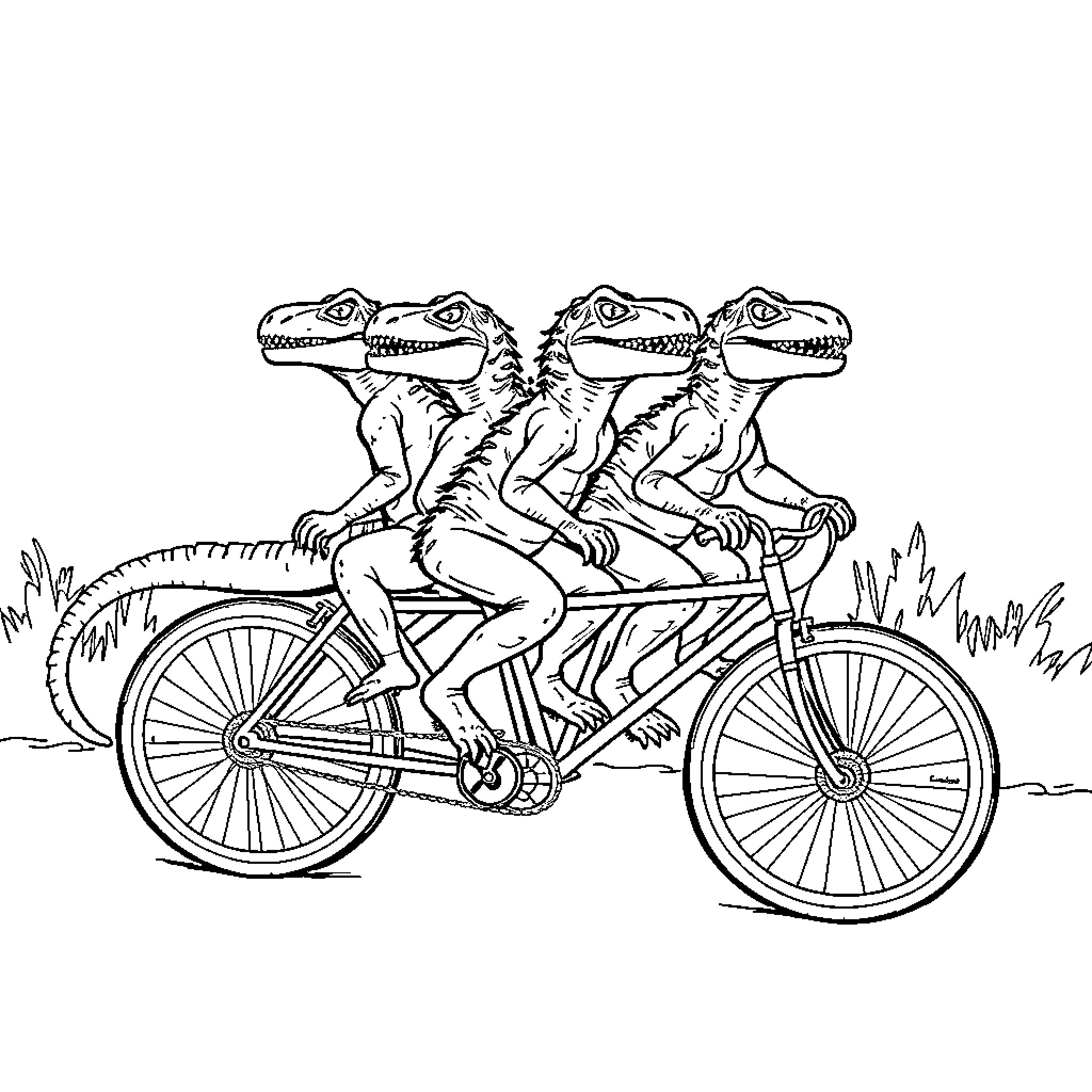 Raptor trio riding tandem bicycle Coloring Page (free black-and-white line drawing printable PDF for all, from beginners to advanced learners, including children, teens, adults, and seniors)