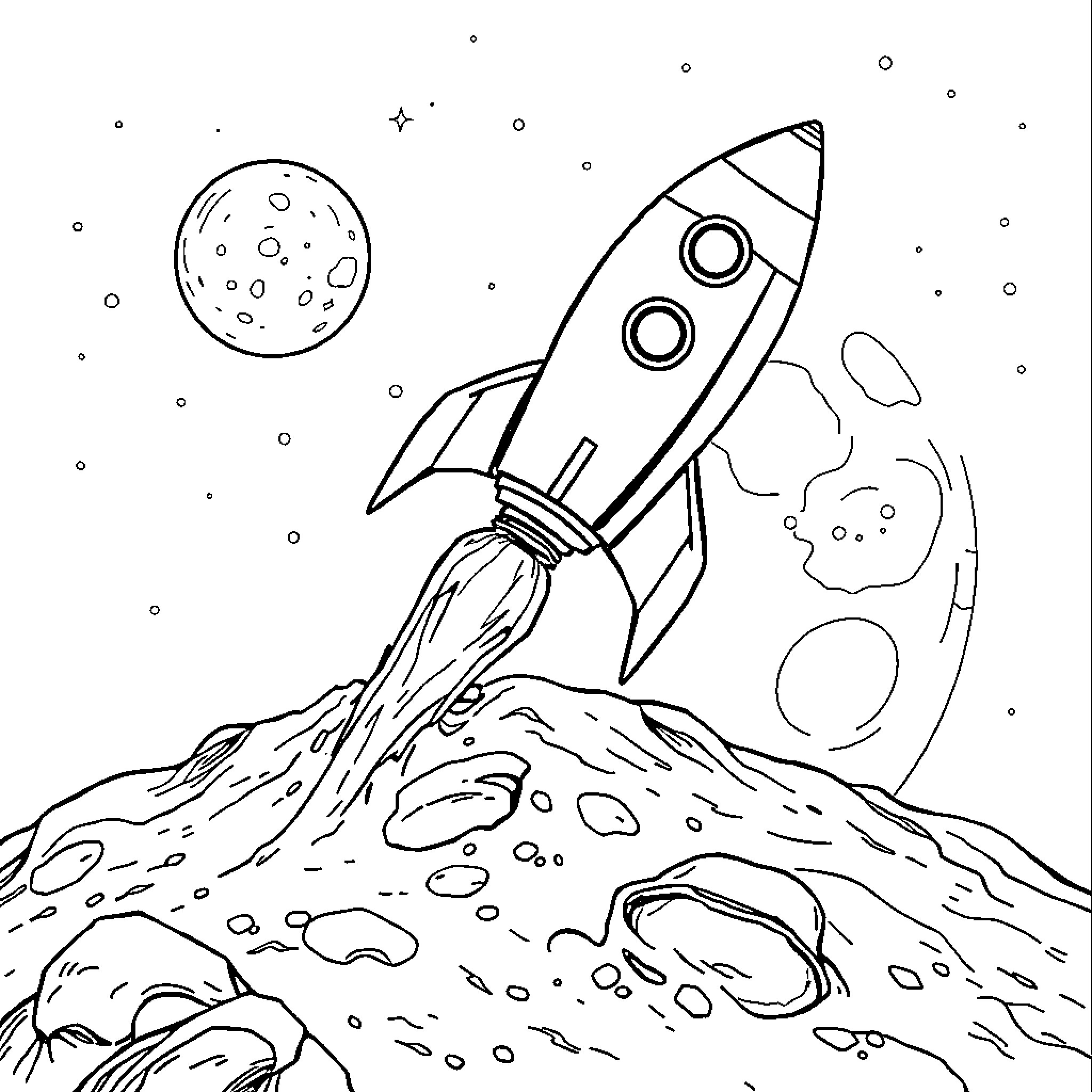Rocket blasting off into the starry cosmos Coloring Page (free black-and-white line drawing printable PDF for all, from beginners to advanced learners, including children, teens, adults, and seniors)