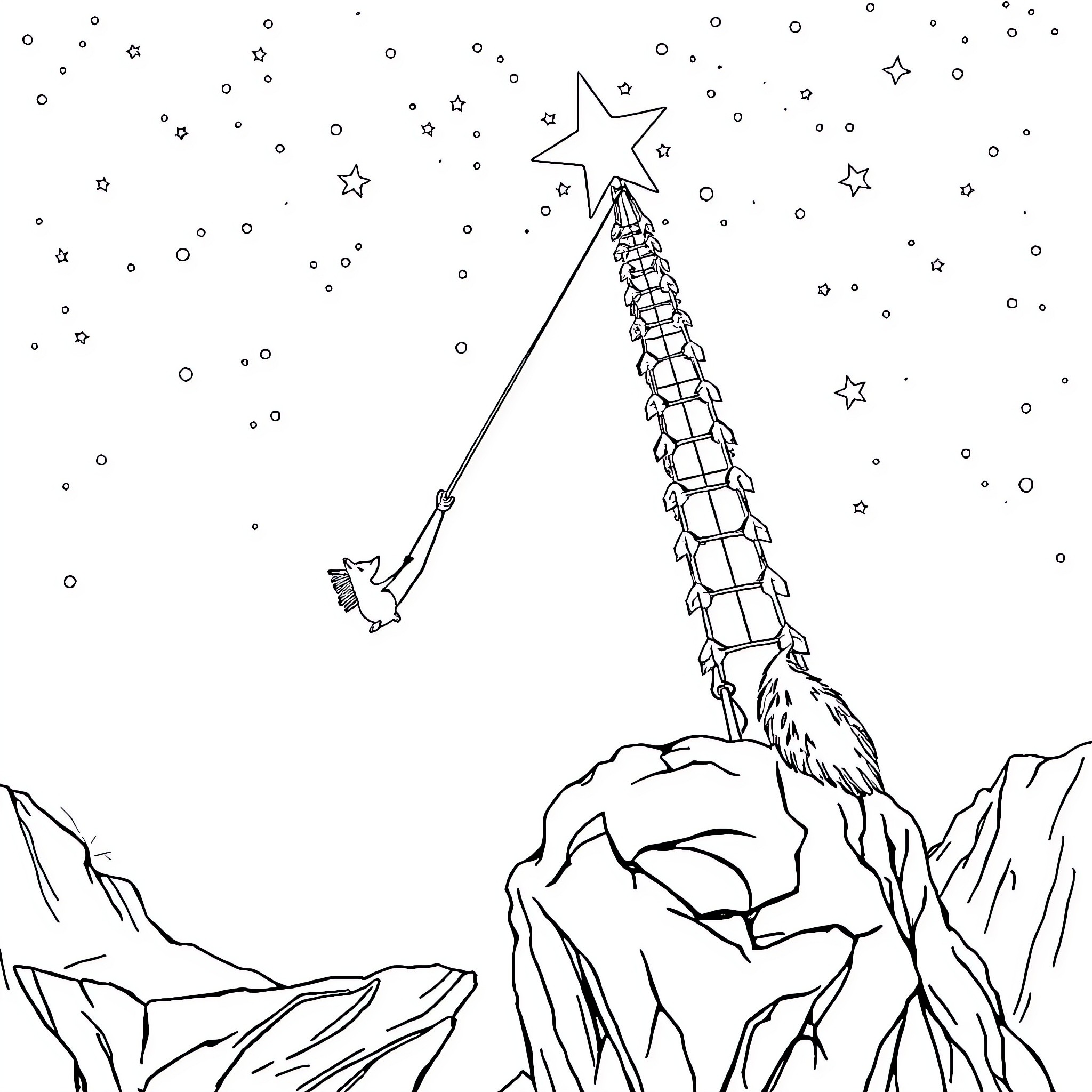 Coyote hauling a star-topped Christmas tree up a snowy mountain Coloring Page (free black-and-white line drawing printable PDF for all, from beginners to advanced learners, including children, teens, adults, and seniors)