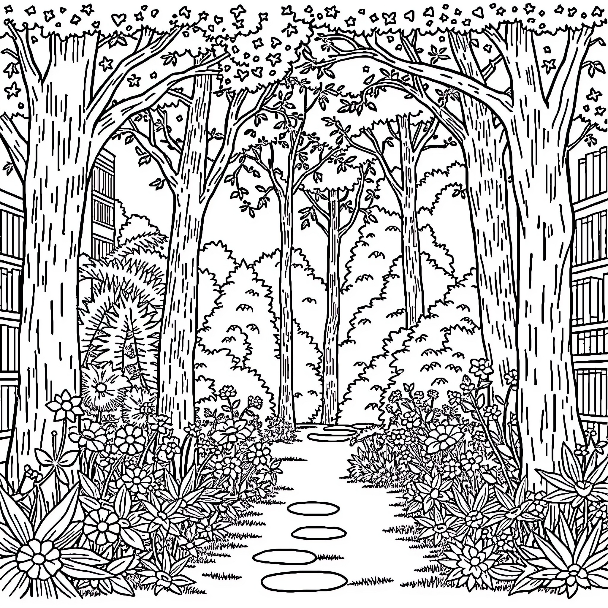 Garden with lush foliage and winding path Coloring Page (free black-and-white line drawing printable PDF for all, from beginners to advanced learners, including children, teens, adults, and seniors)