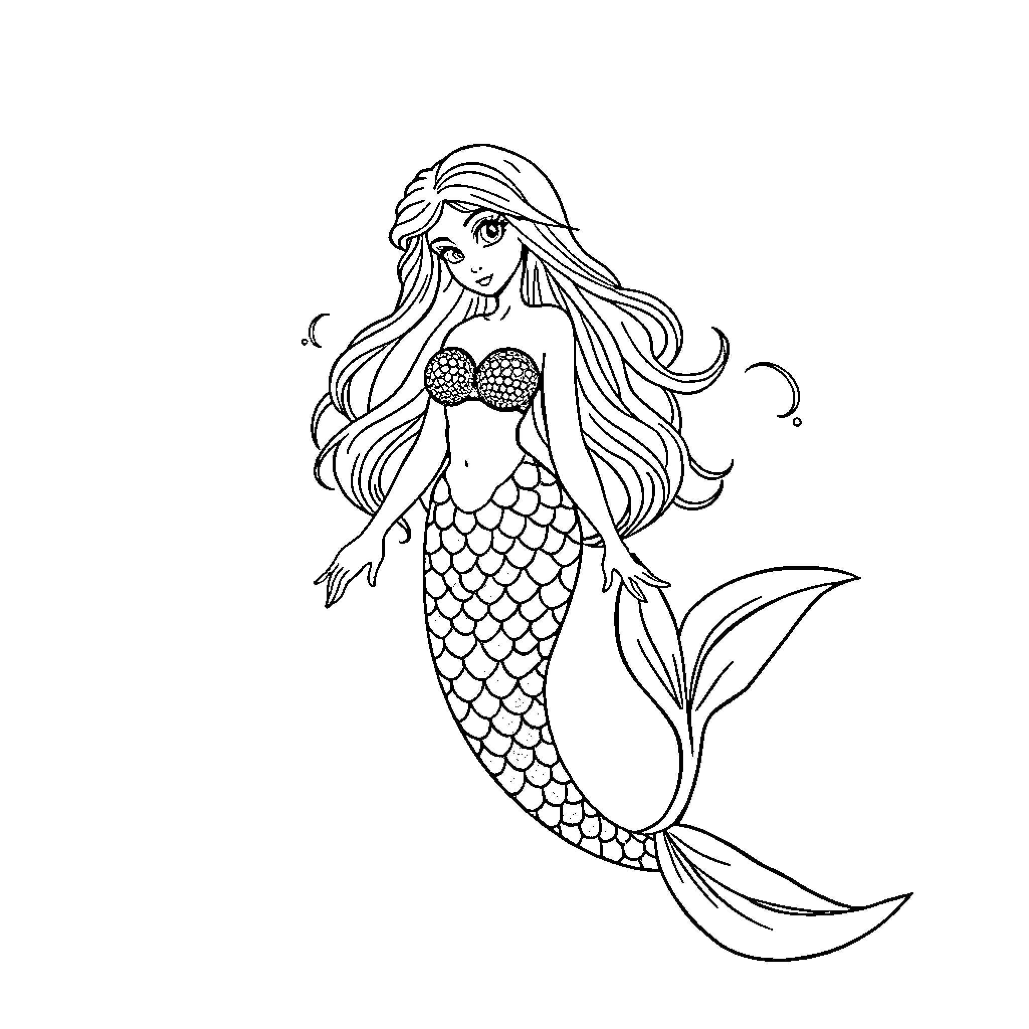 Mermaid with flowing hair swimming gracefully Coloring Page (free black-and-white line drawing printable PDF for all, from beginners to advanced learners, including children, teens, adults, and seniors)