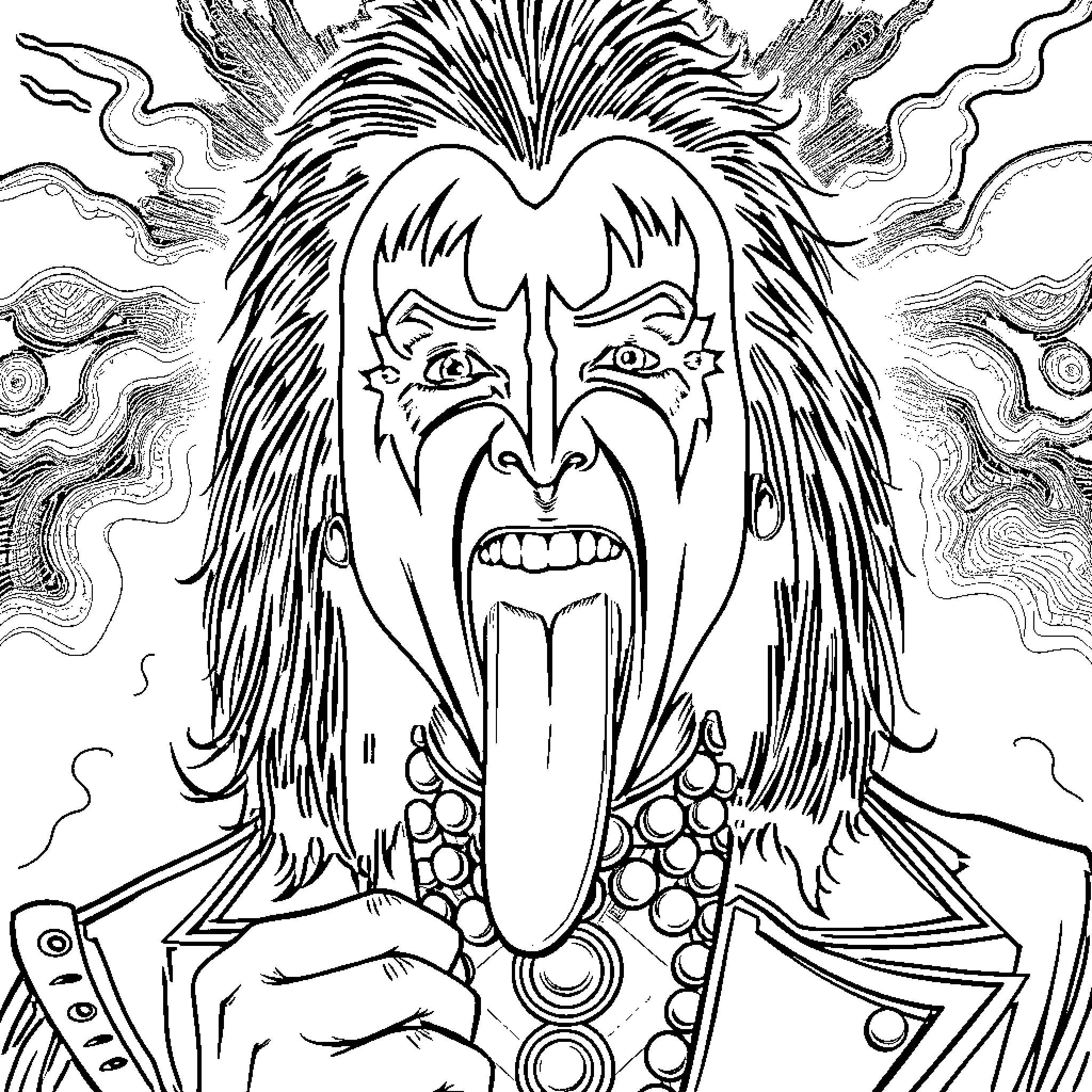 Gene Simmons' Iconic Roaring Expression Coloring Page (free black-and-white line drawing printable PDF for all, from beginners to advanced learners, including children, teens, adults, and seniors)