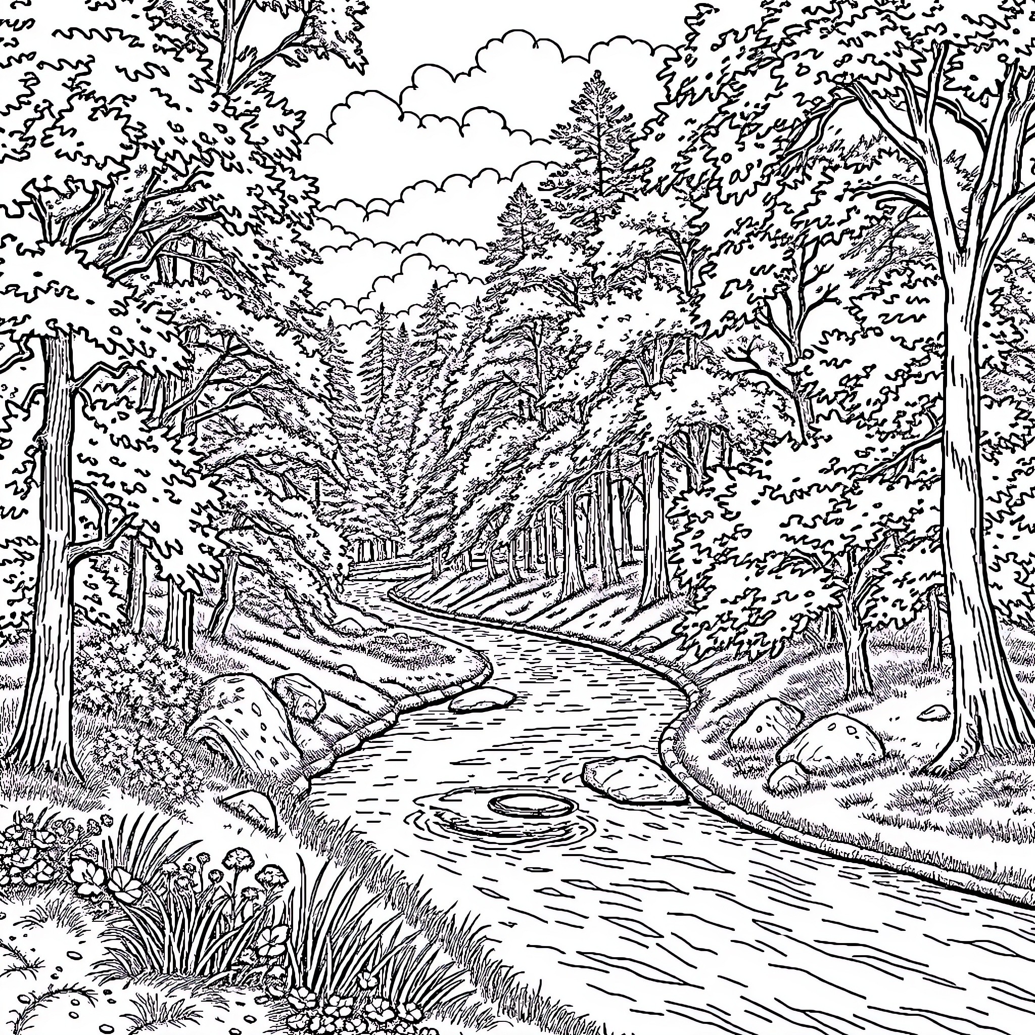 Forest Path Through Lush Woodland Landscape Coloring Page (free black-and-white line drawing printable PDF for all, from beginners to advanced learners, including children, teens, adults, and seniors)