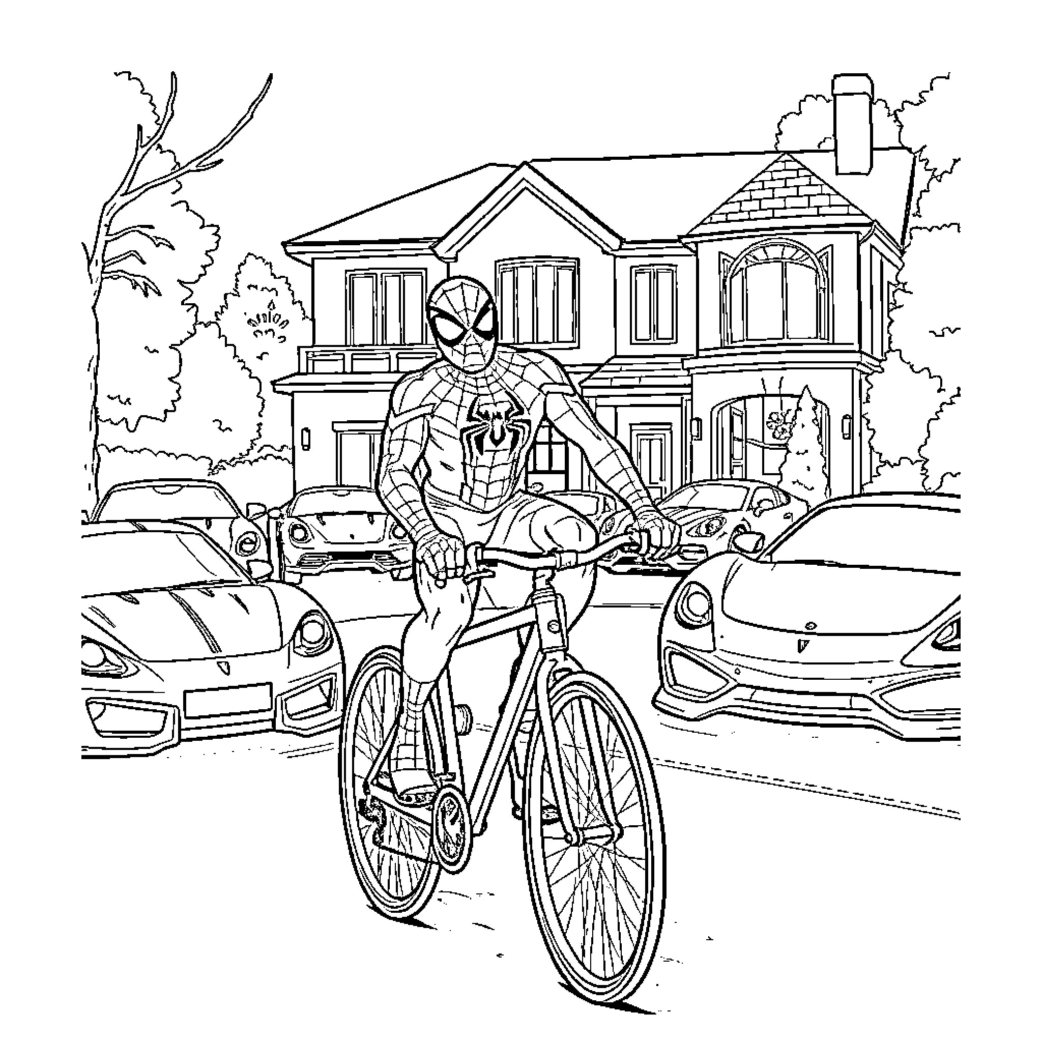 Spiderman on a Bike in Front of a Neighborhood Coloring Page (free black-and-white line drawing printable PDF for all, from beginners to advanced learners, including children, teens, adults, and seniors)