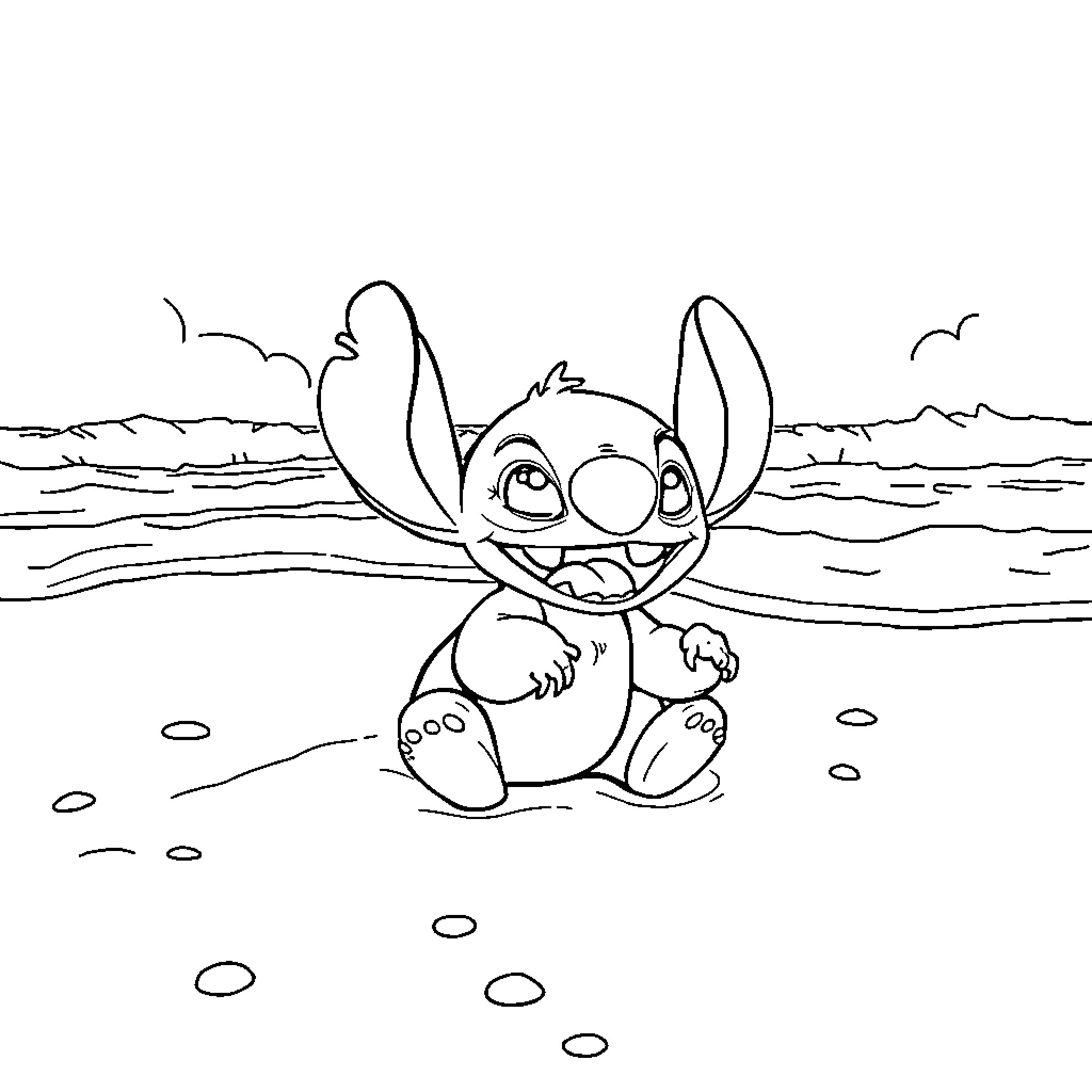 Stitch playing joyfully on the beach Coloring Page (free black-and-white line drawing printable PDF for all, from beginners to advanced learners, including children, teens, adults, and seniors)