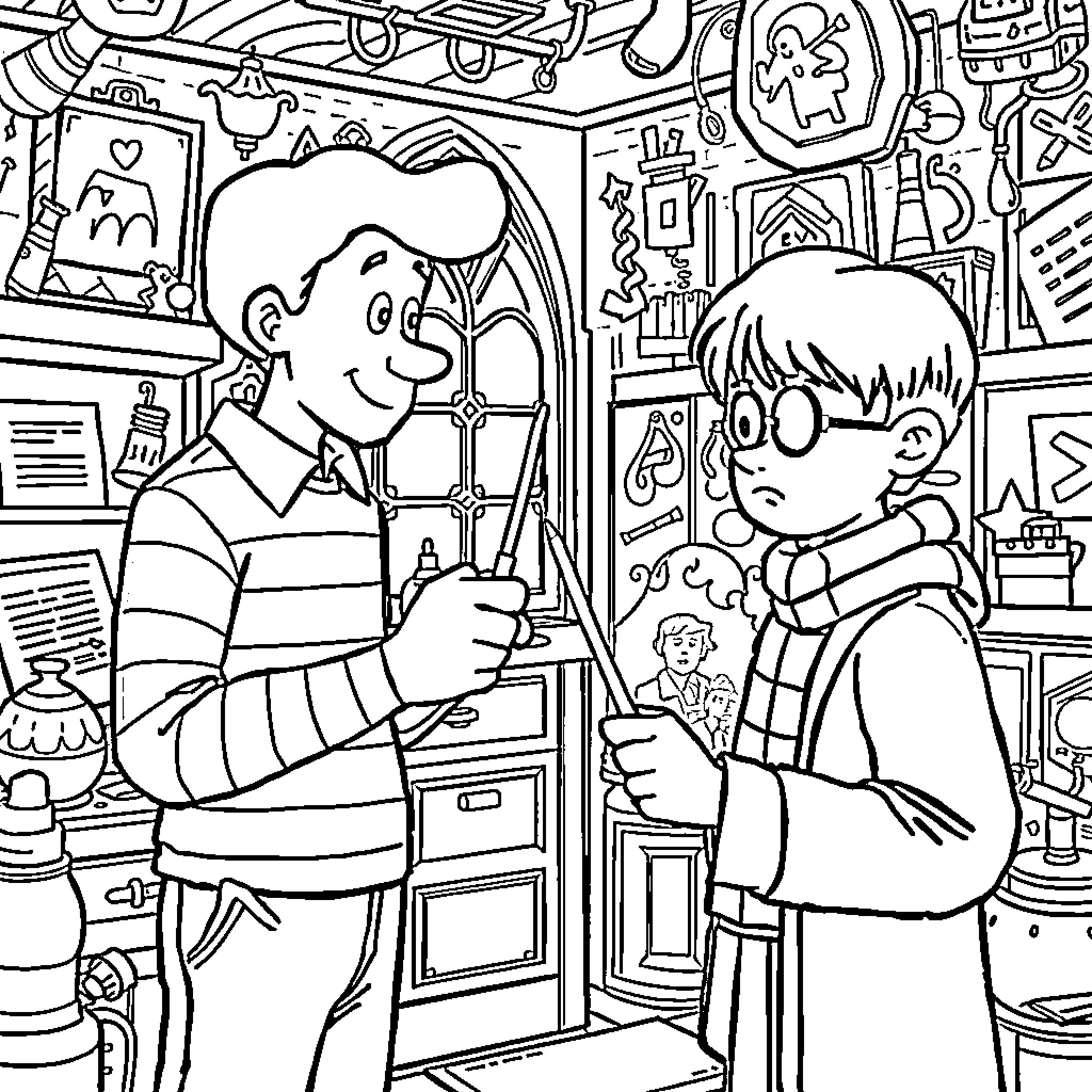 Steve's Shared Hobby with a Young Friend Coloring Page (free black-and-white line drawing printable PDF for all, from beginners to advanced learners, including children, teens, adults, and seniors)