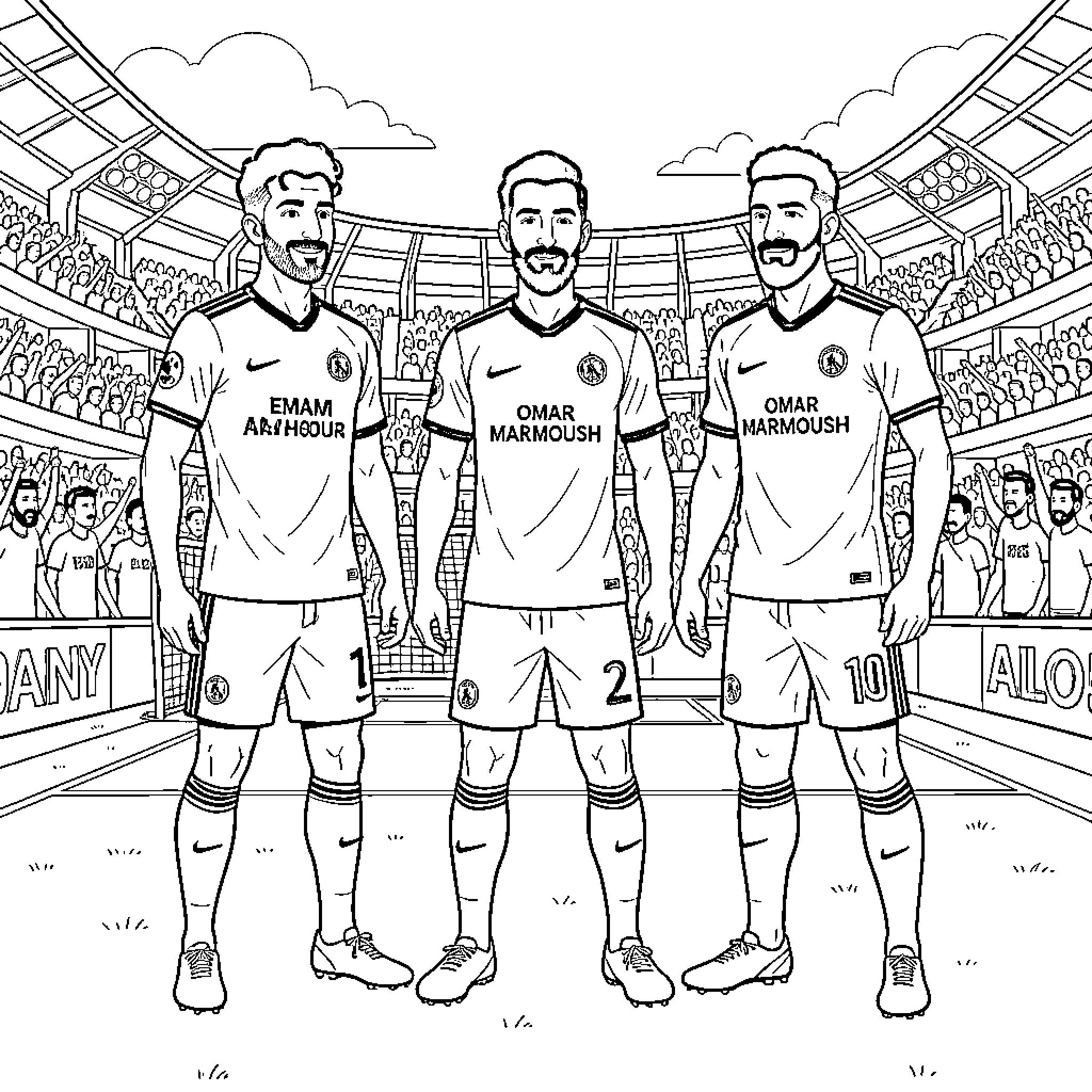 Mo Salah and teammates standing in a football stadium Coloring Page (free black-and-white line drawing printable PDF for all, from beginners to advanced learners, including children, teens, adults, and seniors)