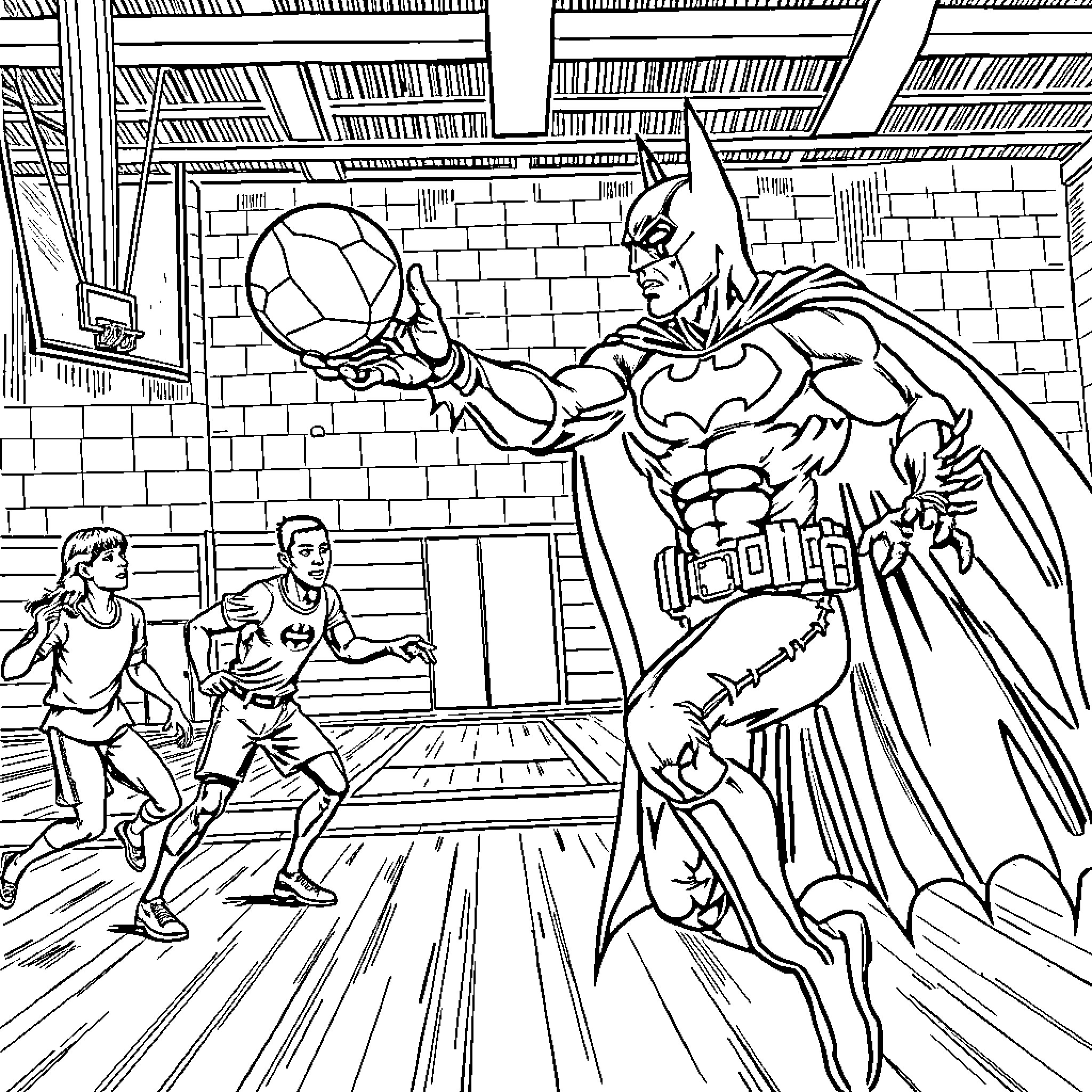 Batman saves the day in a basketball court Coloring Page (free black-and-white line drawing printable PDF for all, from beginners to advanced learners, including children, teens, adults, and seniors)