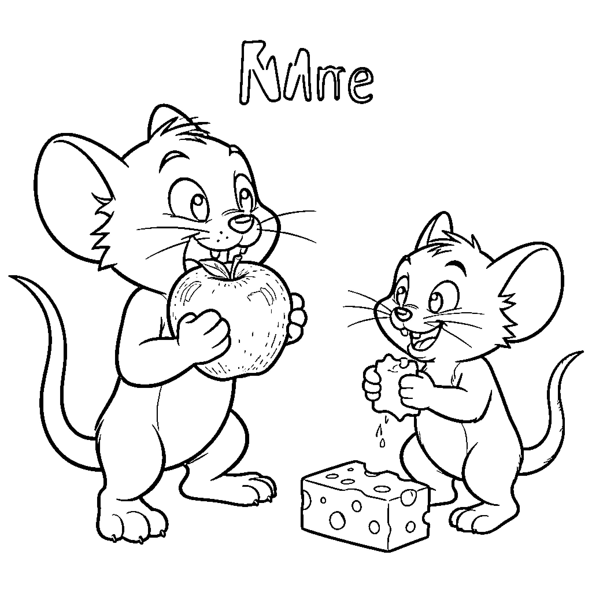 Tom and mouse sharing an apple and cheese Coloring Page (free black-and-white line drawing printable PDF for all, from beginners to advanced learners, including children, teens, adults, and seniors)