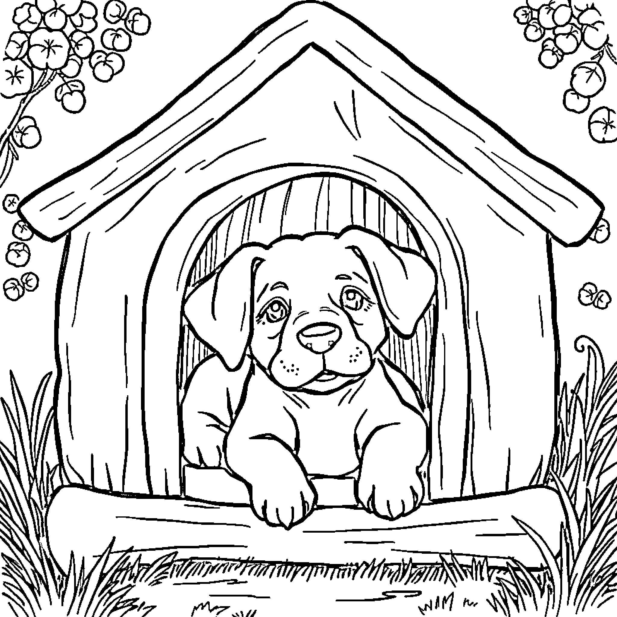 Dog resting peacefully in a cozy doghouse Coloring Page (free black-and-white line drawing printable PDF for all, from beginners to advanced learners, including children, teens, adults, and seniors)