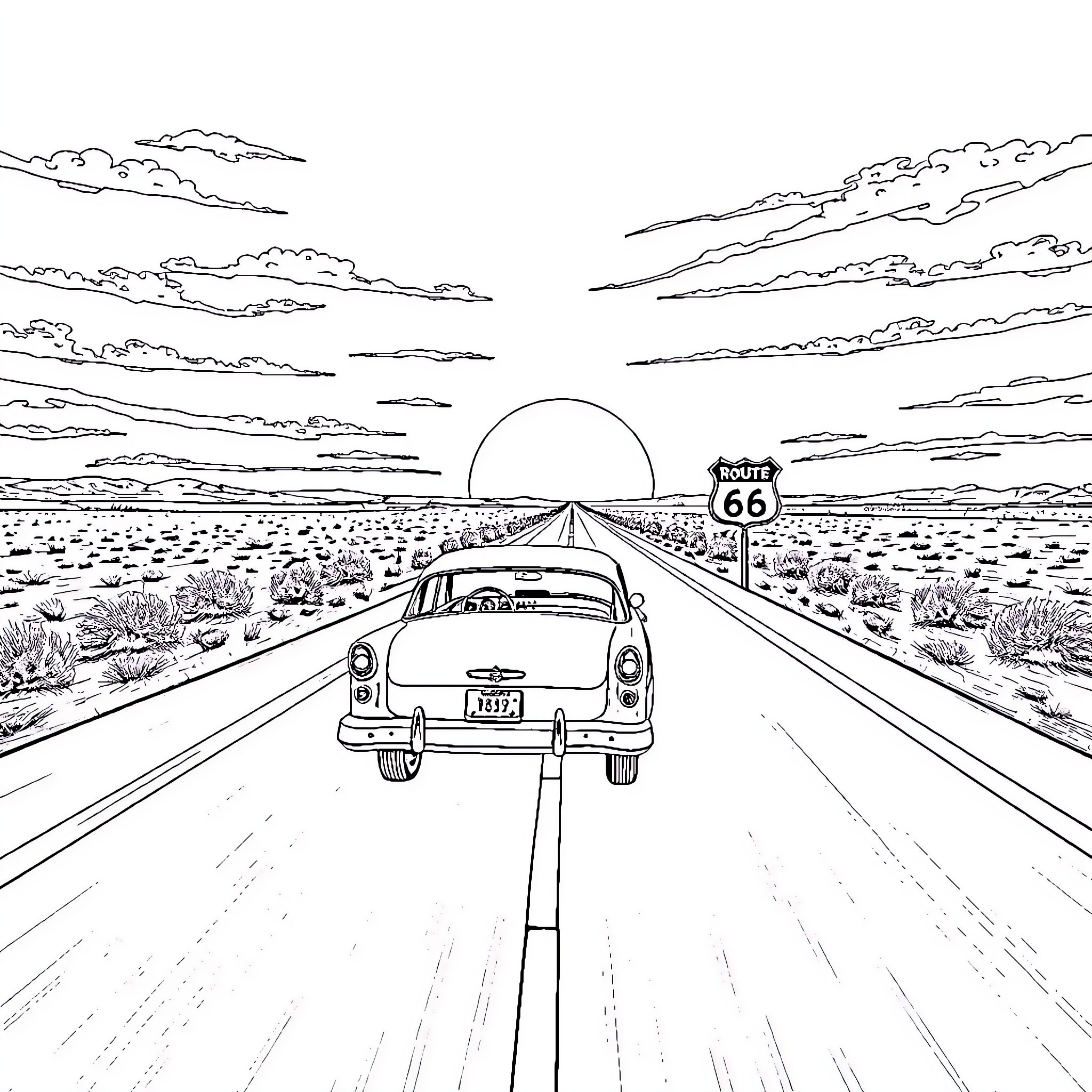 Car driving on Route 66 highway through desert landscape Coloring Page (free black-and-white line drawing printable PDF for all, from beginners to advanced learners, including children, teens, adults, and seniors)