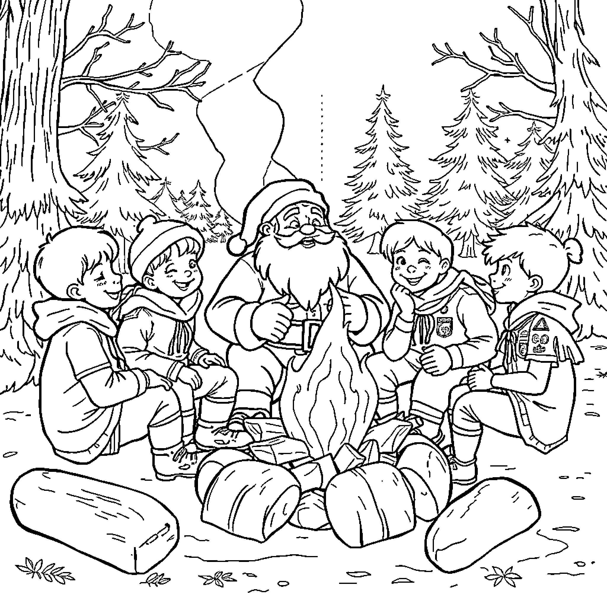 Santa Celebrates with Children in the Snowy Forest Coloring Page (free black-and-white line drawing printable PDF for all, from beginners to advanced learners, including children, teens, adults, and seniors)