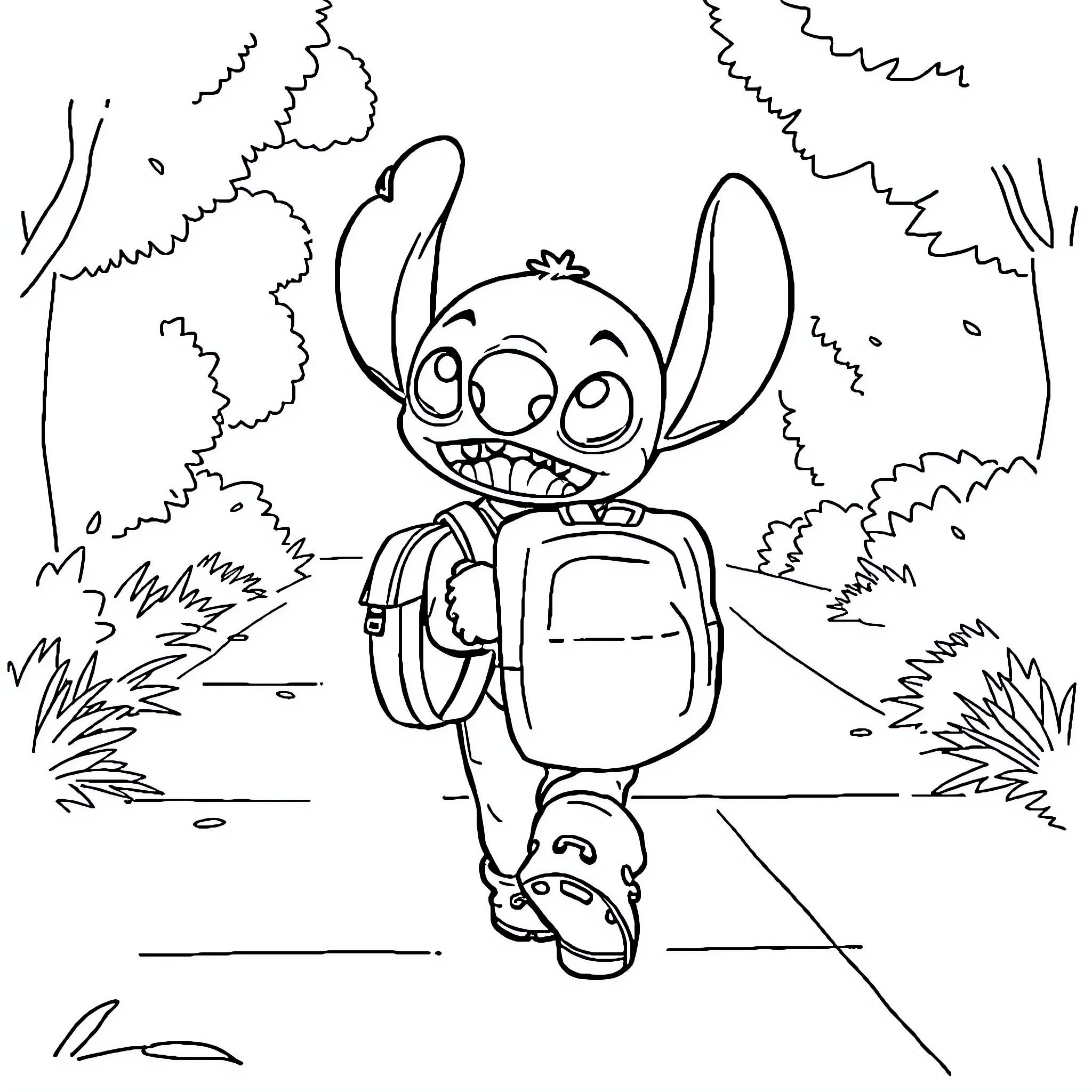 Stitch hiking through the forest Coloring Page (free black-and-white line drawing printable PDF for all, from beginners to advanced learners, including children, teens, adults, and seniors)