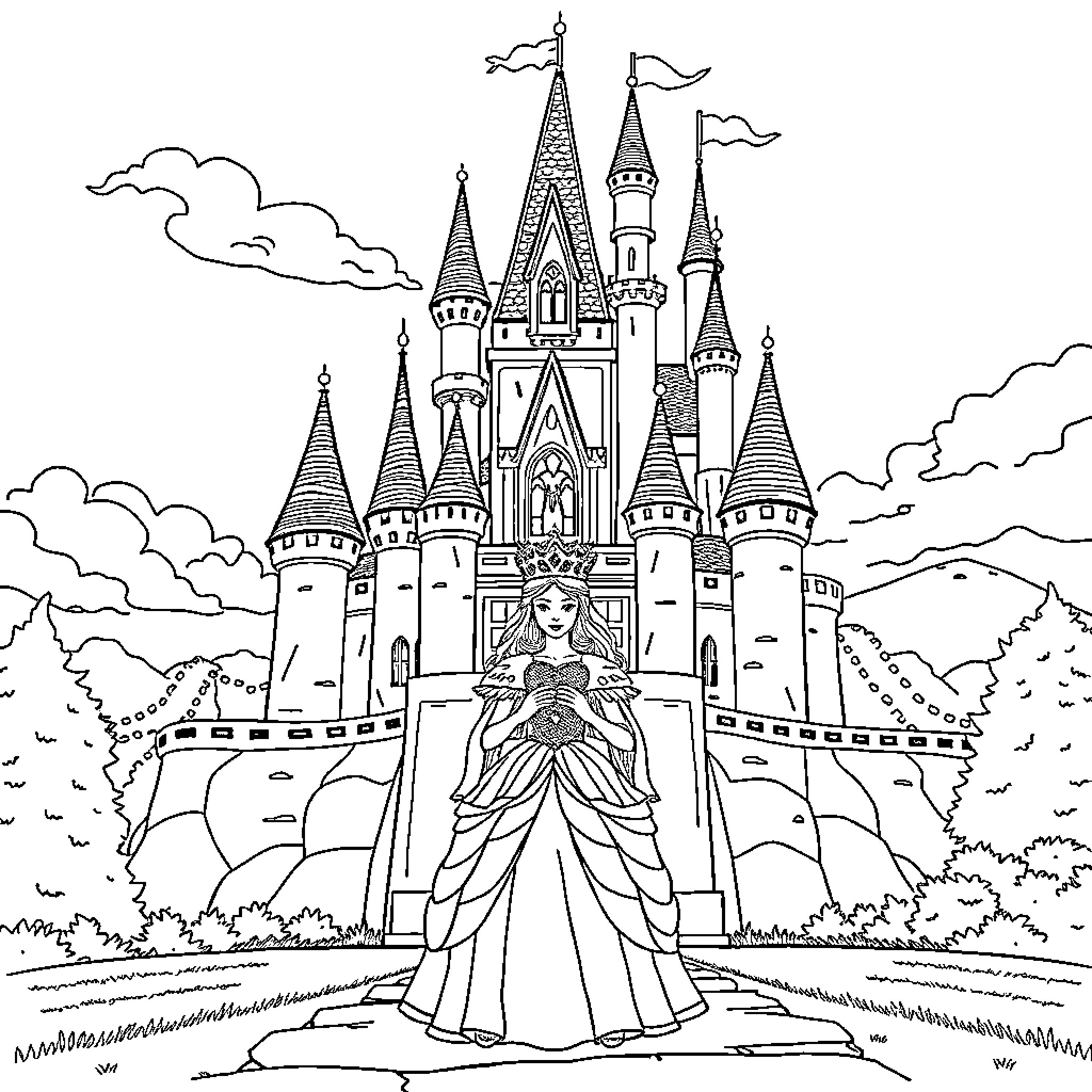 Princess standing proudly before a grand castle Coloring Page (free black-and-white line drawing printable PDF for all, from beginners to advanced learners, including children, teens, adults, and seniors)