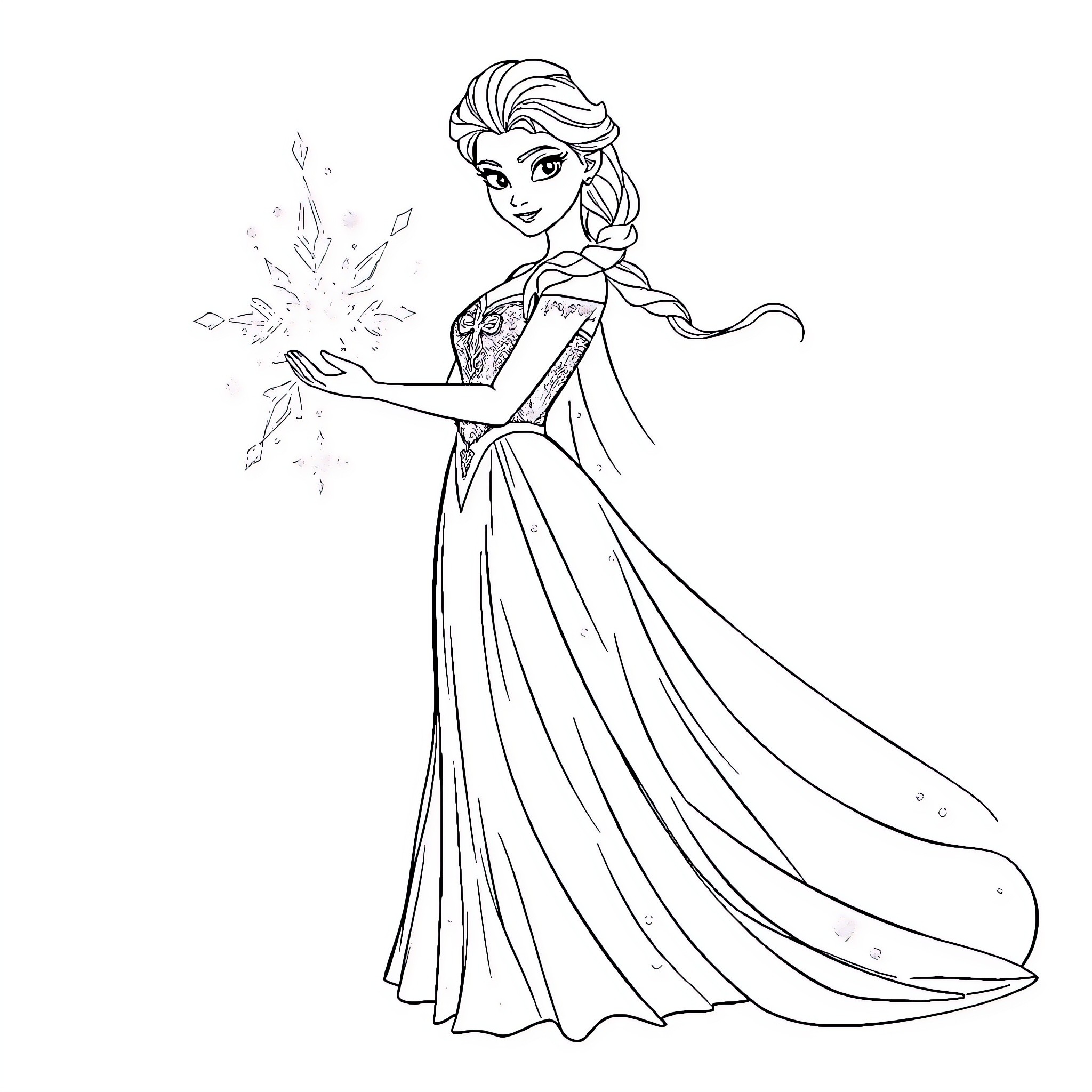 Elsa creating magical snow with her hands Coloring Page (free black-and-white line drawing printable PDF for all, from beginners to advanced learners, including children, teens, adults, and seniors)