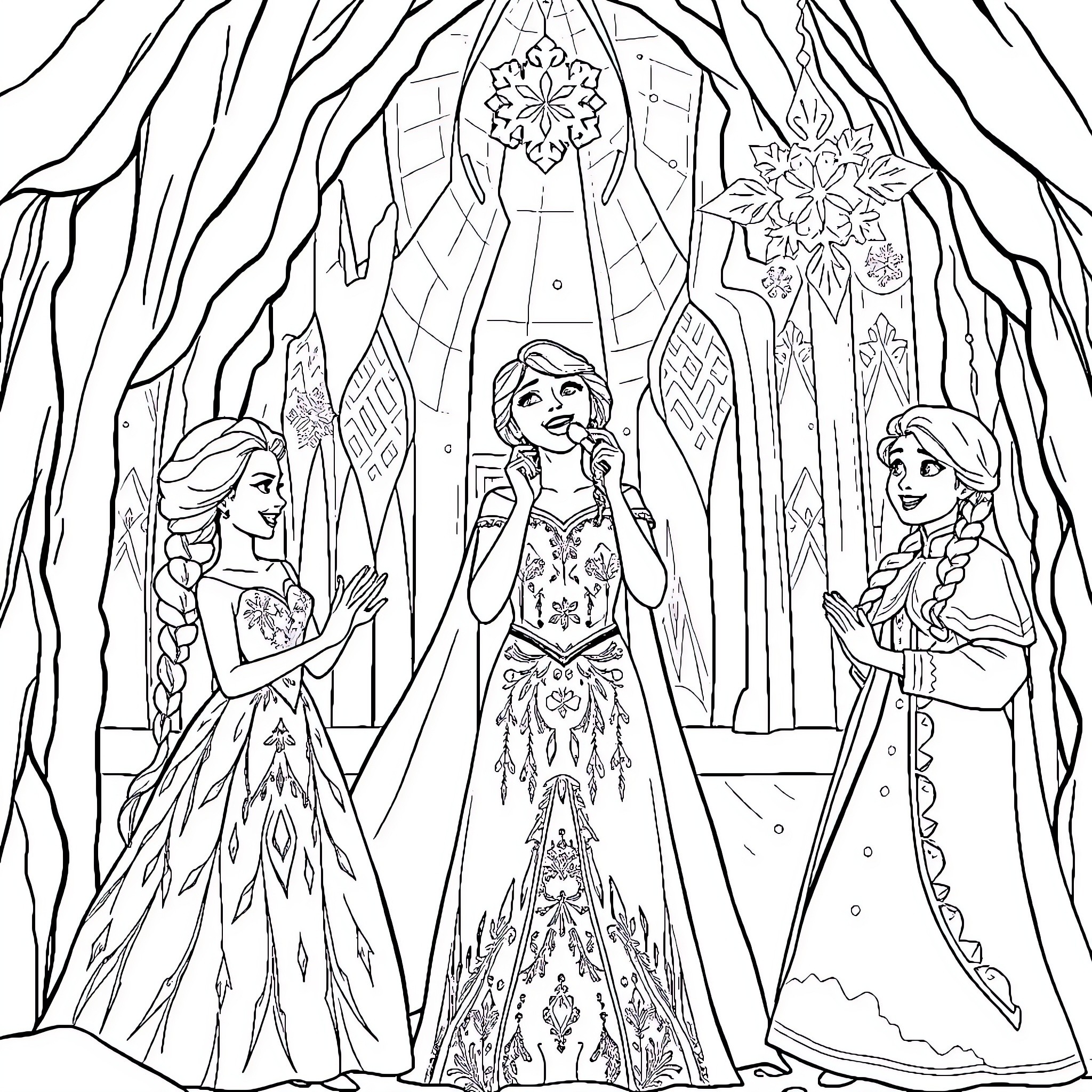 Taylor Swift: A Magical Trio in Opulent Dresses Coloring Page (free black-and-white line drawing printable PDF for all, from beginners to advanced learners, including children, teens, adults, and seniors)