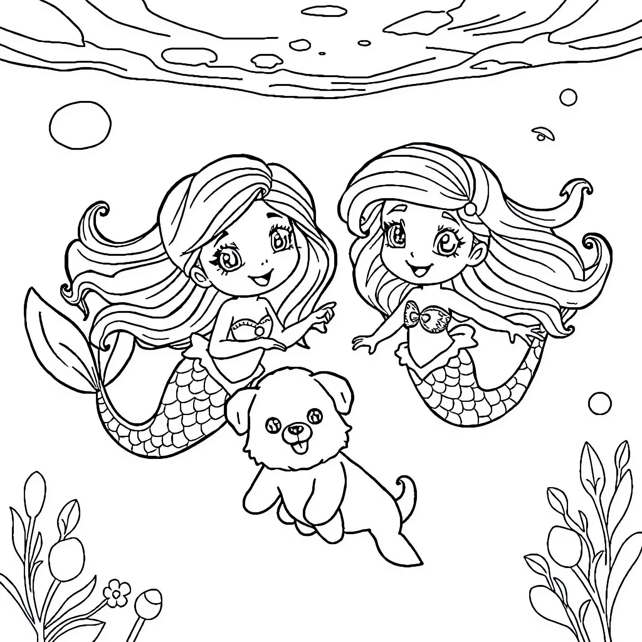 Mermaid Friends Explore the Underwater World Coloring Page (free black-and-white line drawing printable PDF for all, from beginners to advanced learners, including children, teens, adults, and seniors)