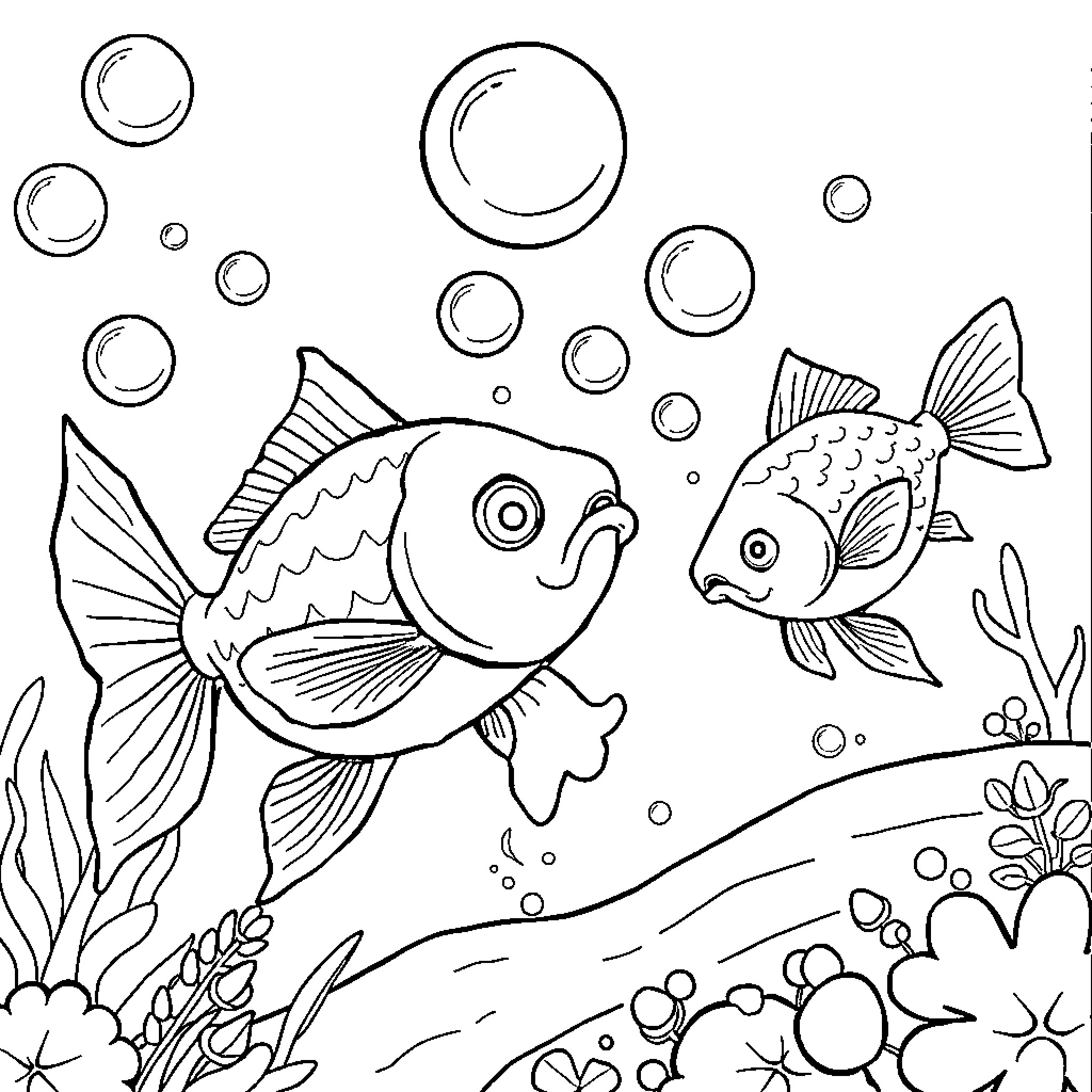 Fish swimming among bubbles in the ocean Coloring Page (free black-and-white line drawing printable PDF for all, from beginners to advanced learners, including children, teens, adults, and seniors)