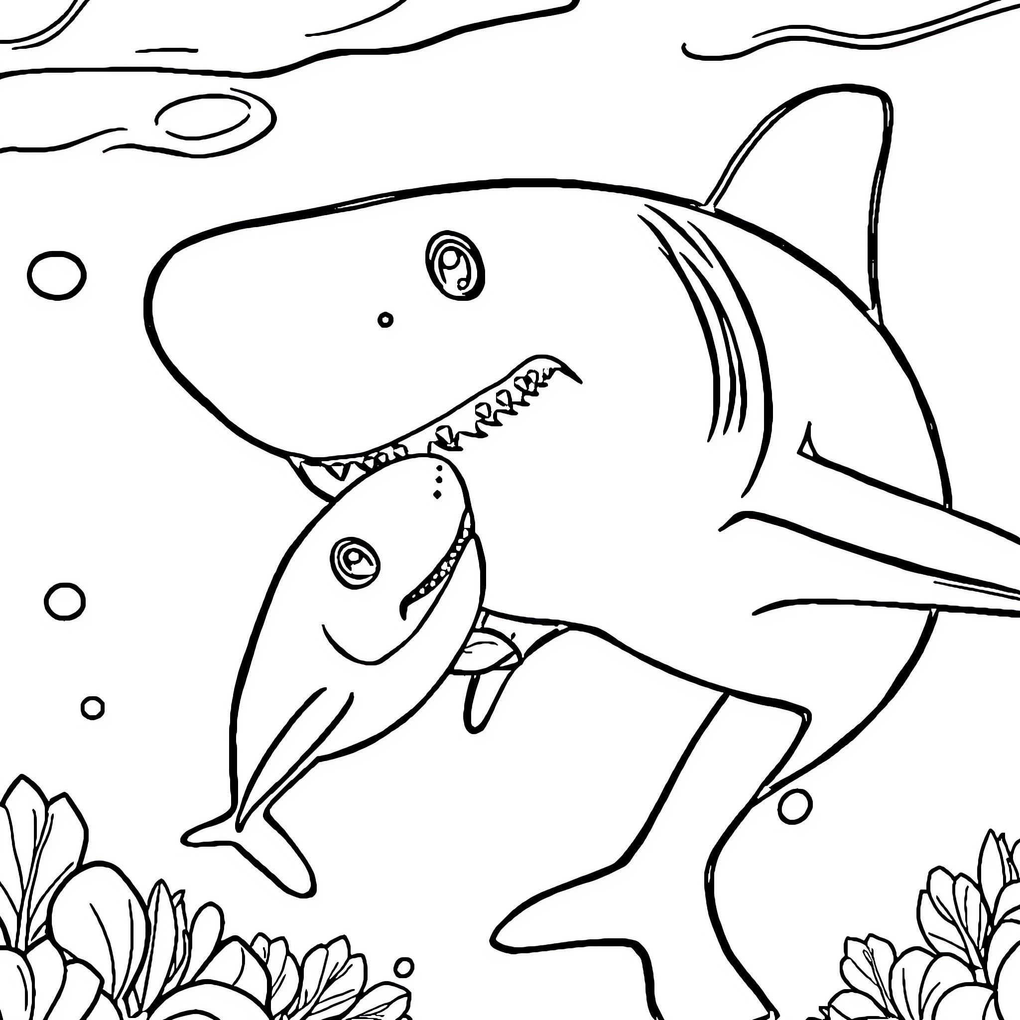 Shark siblings swimming together Coloring Page (free black-and-white line drawing printable PDF for all, from beginners to advanced learners, including children, teens, adults, and seniors)