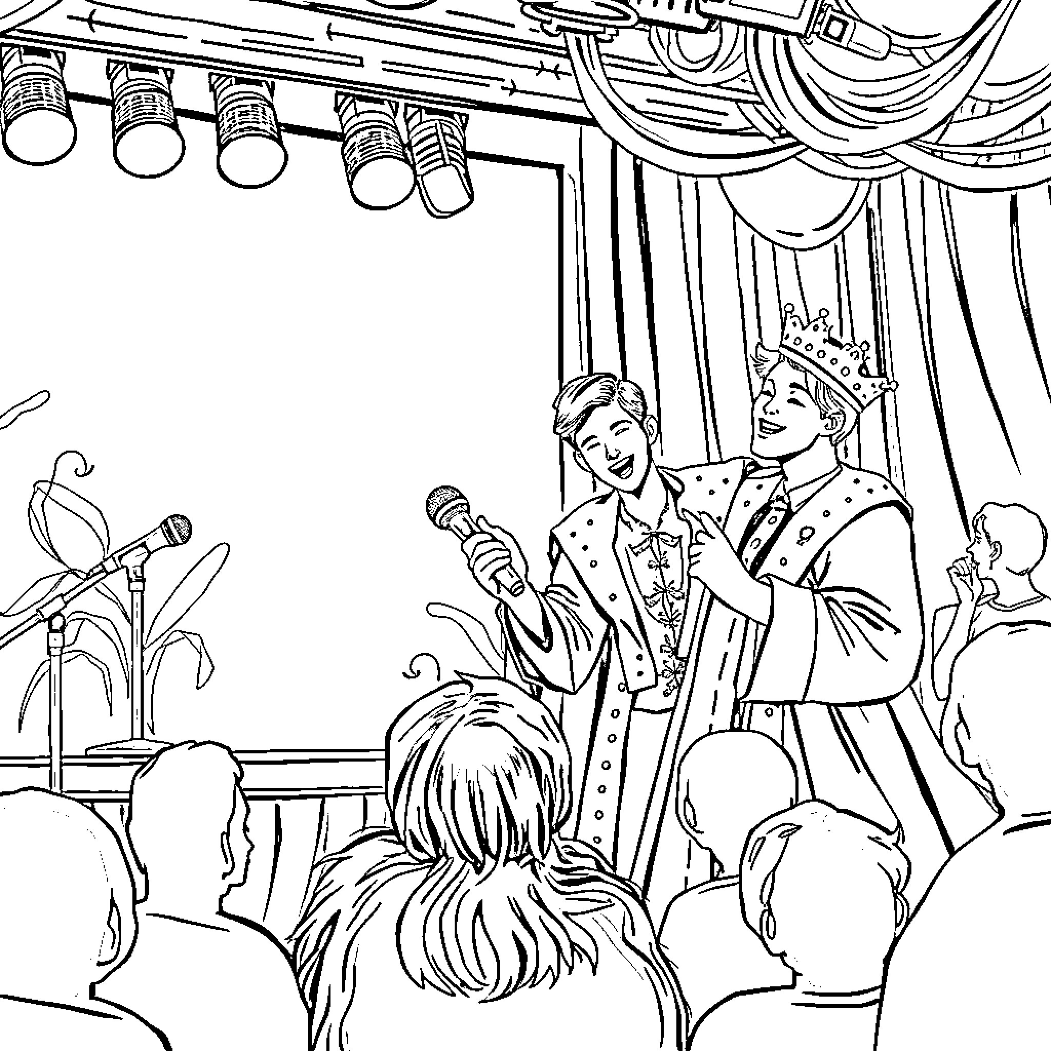 Prince Performing on a Grand Stage Coloring Page (free black-and-white line drawing printable PDF for all, from beginners to advanced learners, including children, teens, adults, and seniors)