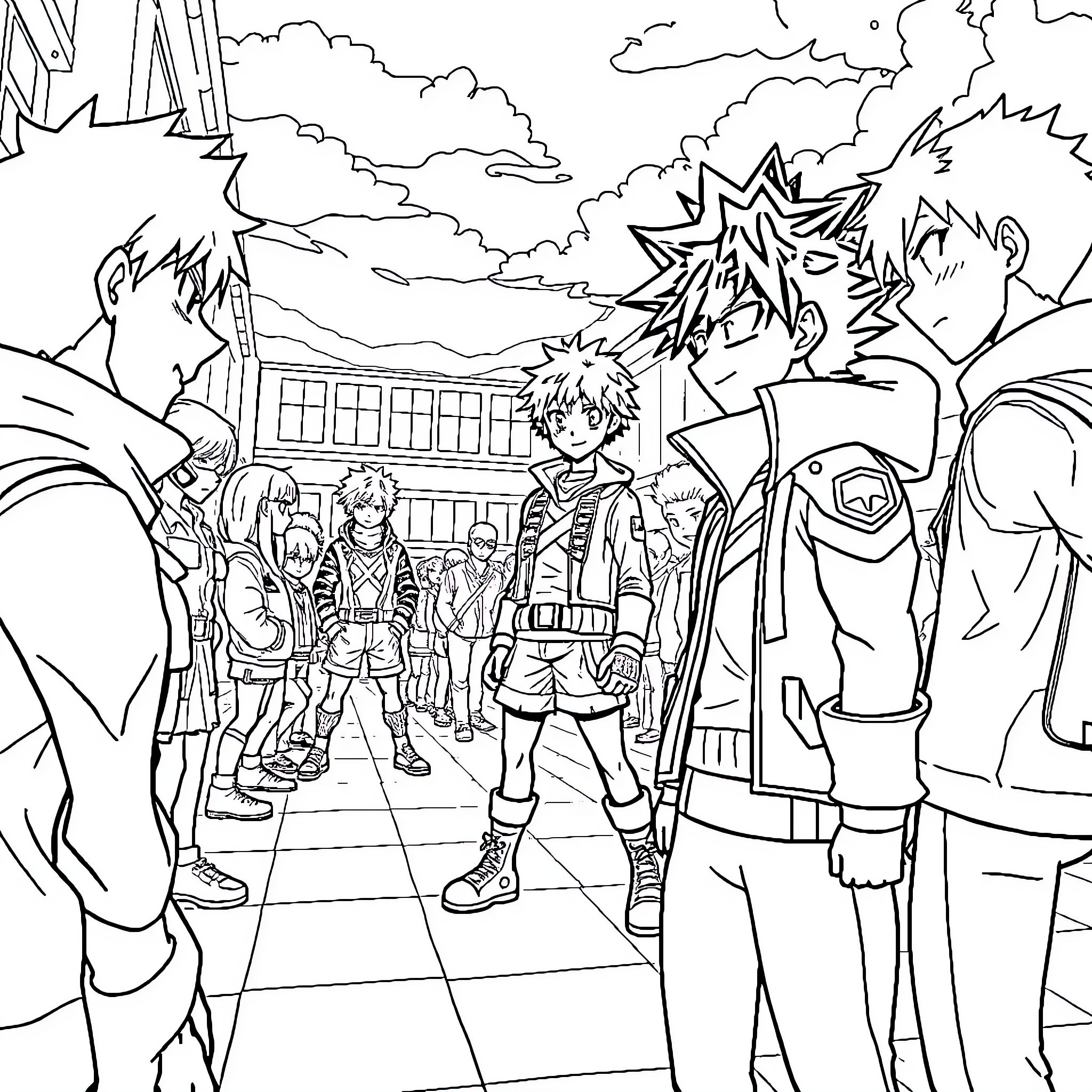 Hero Academia Exhilarating School Scene Coloring Page (free black-and-white line drawing printable PDF for all, from beginners to advanced learners, including children, teens, adults, and seniors)