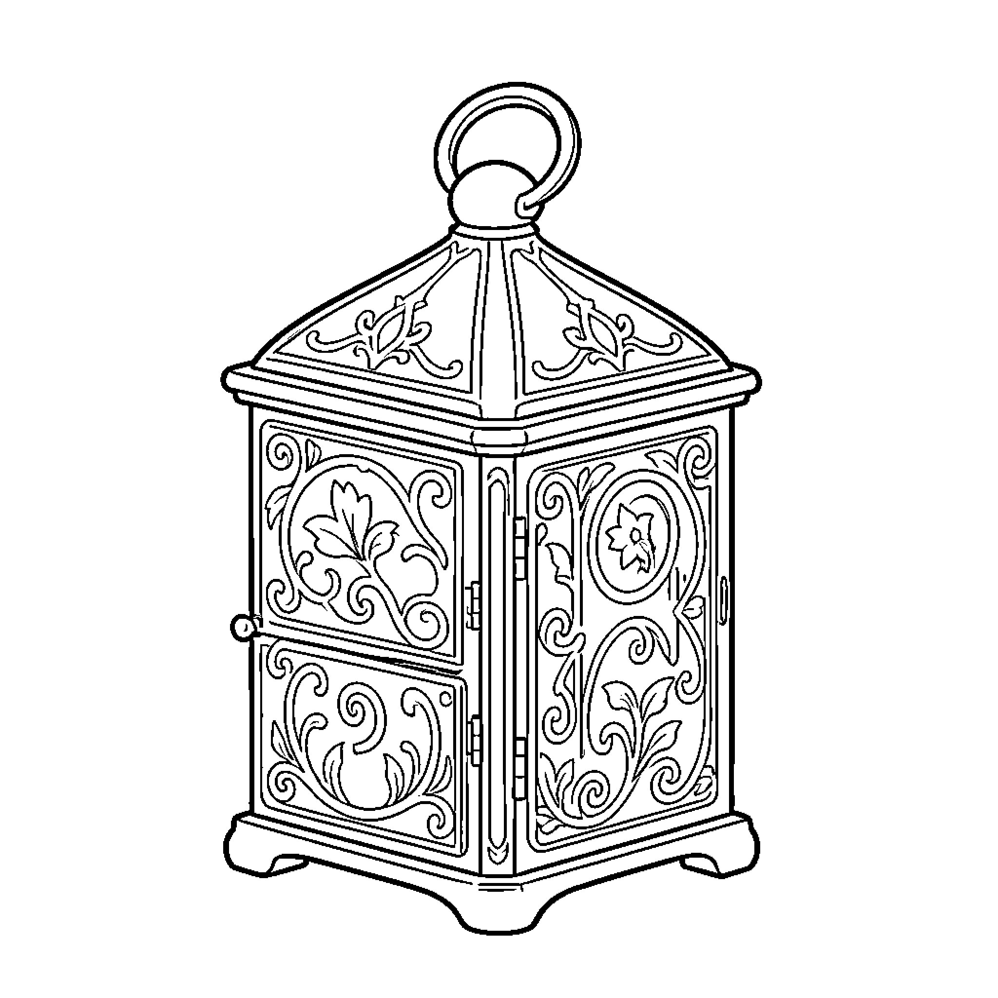 Vintage ornate lantern with intricate floral patterns Coloring Page (free black-and-white line drawing printable PDF for all, from beginners to advanced learners, including children, teens, adults, and seniors)