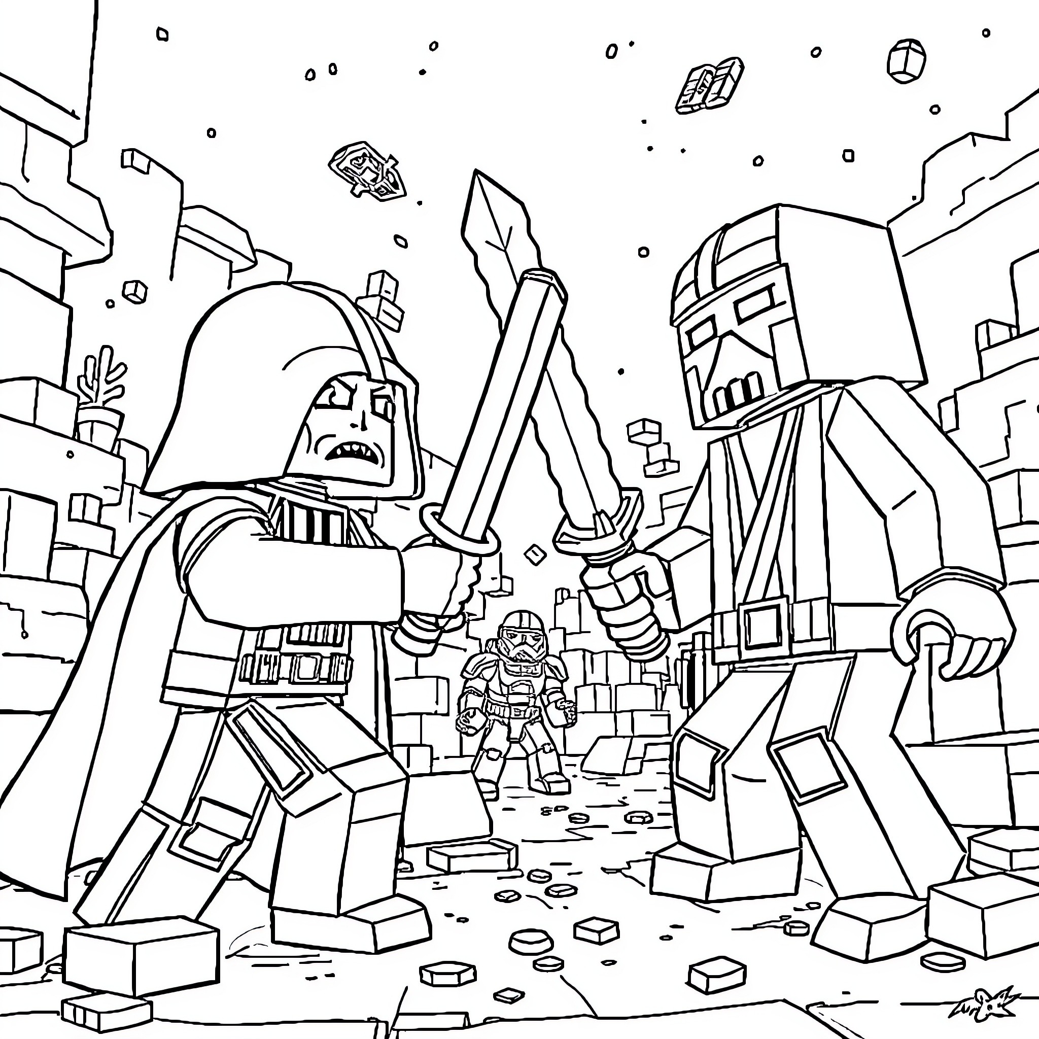 Star Wars Lego Characters in Galactic Battle Coloring Page (free black-and-white line drawing printable PDF for all, from beginners to advanced learners, including children, teens, adults, and seniors)