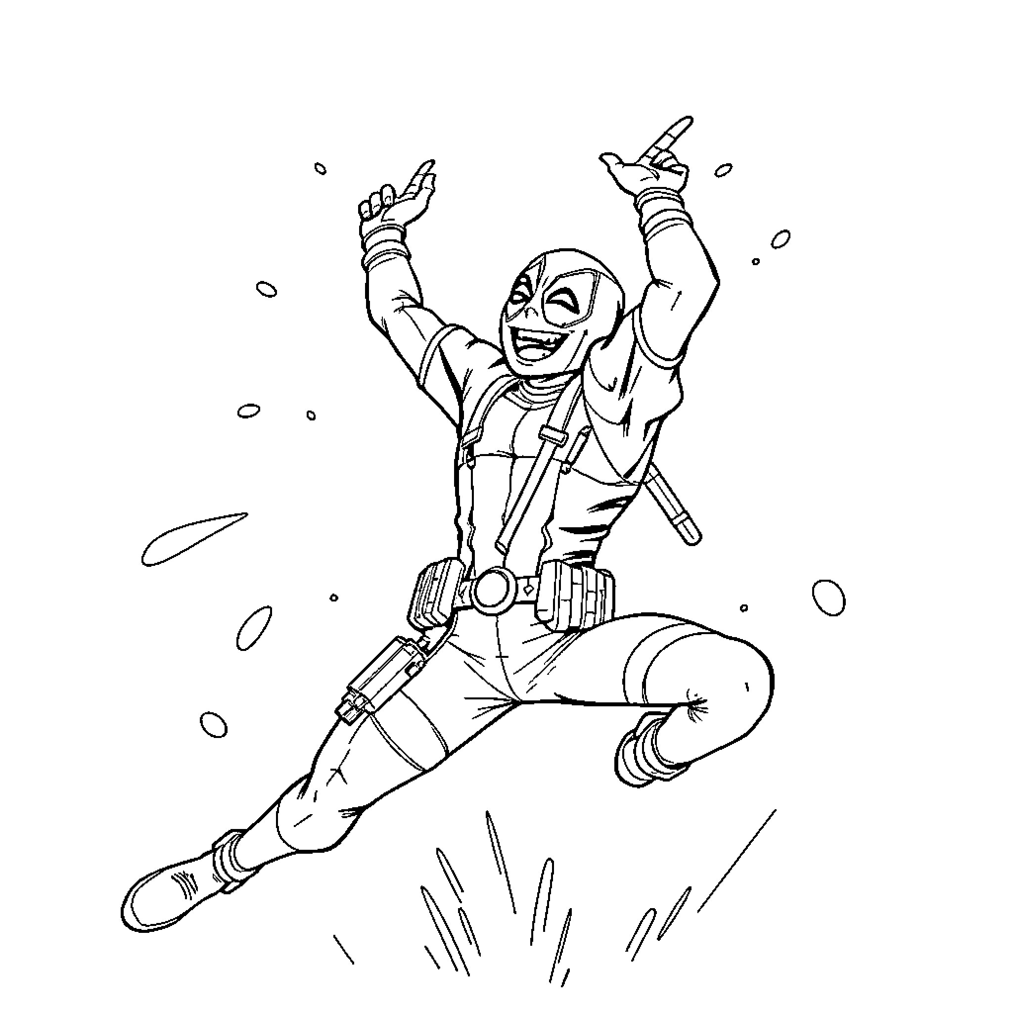 Deadpool jumping excitedly into action Coloring Page (free black-and-white line drawing printable PDF for all, from beginners to advanced learners, including children, teens, adults, and seniors)