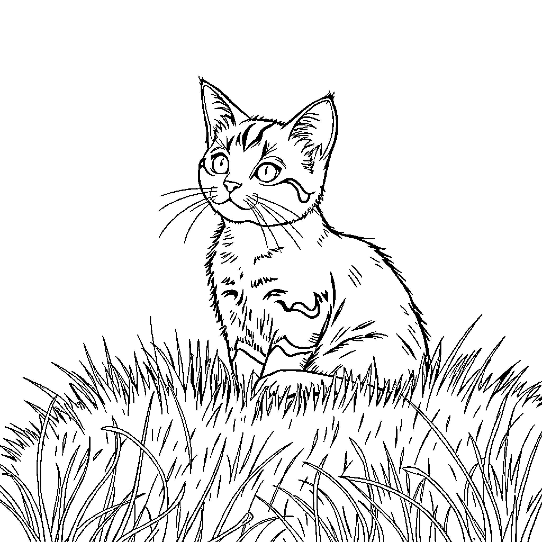 Cat in the grass with curious expression Coloring Page (free black-and-white line drawing printable PDF for all, from beginners to advanced learners, including children, teens, adults, and seniors)