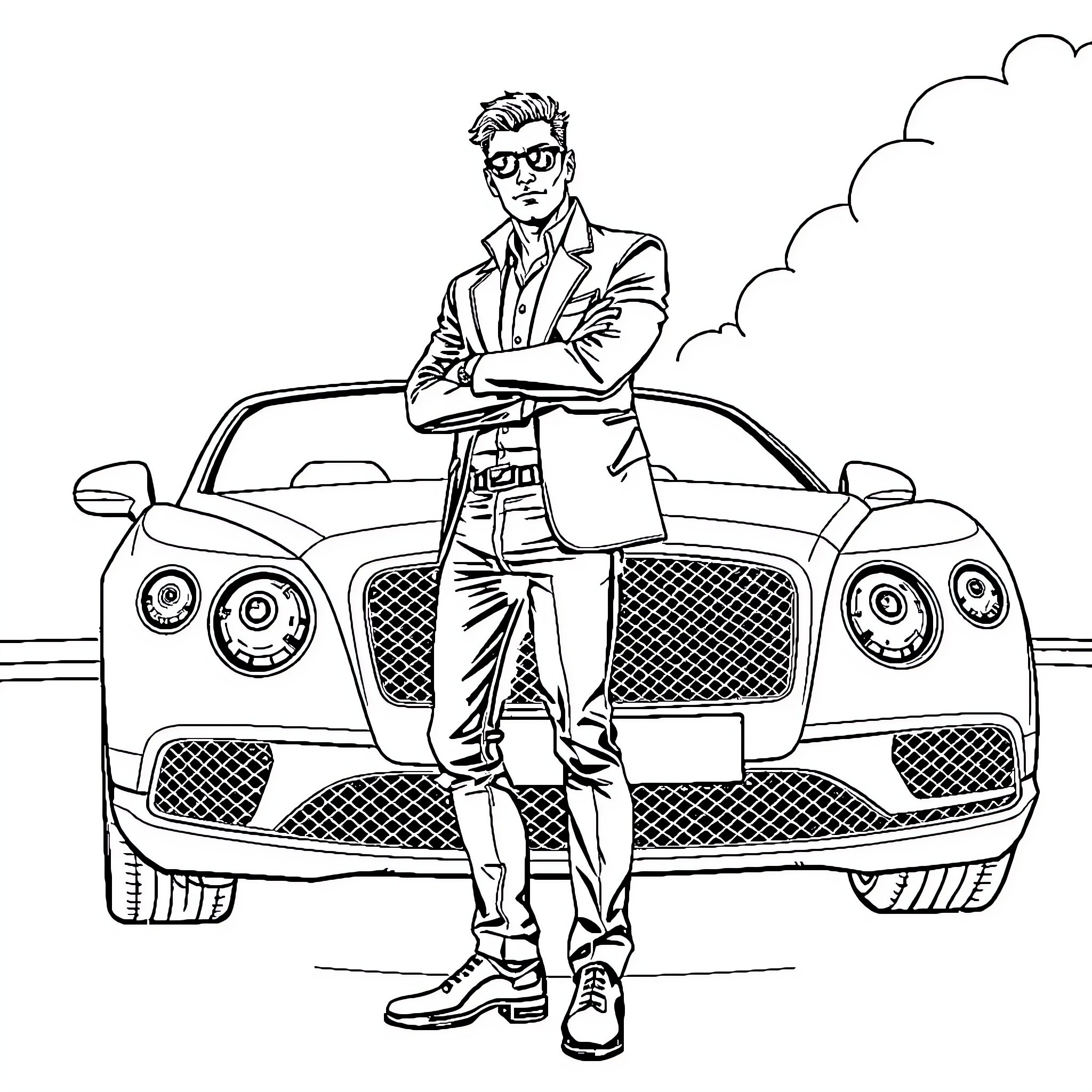 Flyboy with Luxury Sports Car in City Landscape Coloring Page (free black-and-white line drawing printable PDF for all, from beginners to advanced learners, including children, teens, adults, and seniors)