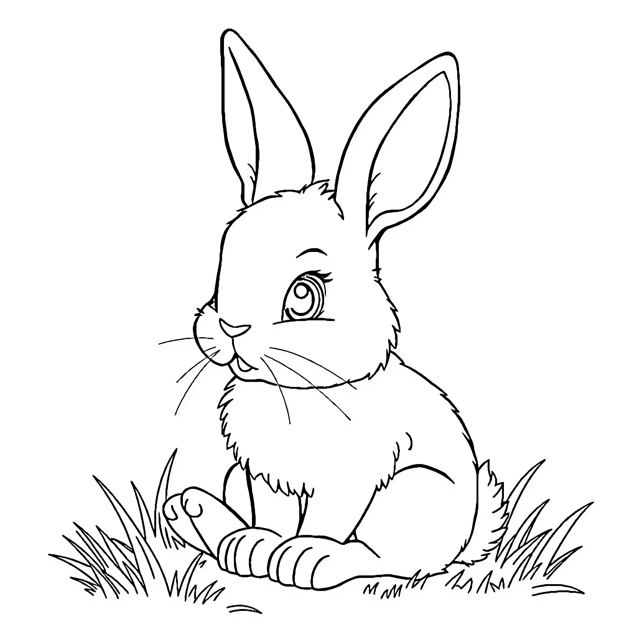 Bunny sitting in the grass Coloring Page (free black-and-white line drawing printable PDF for all, from beginners to advanced learners, including children, teens, adults, and seniors)