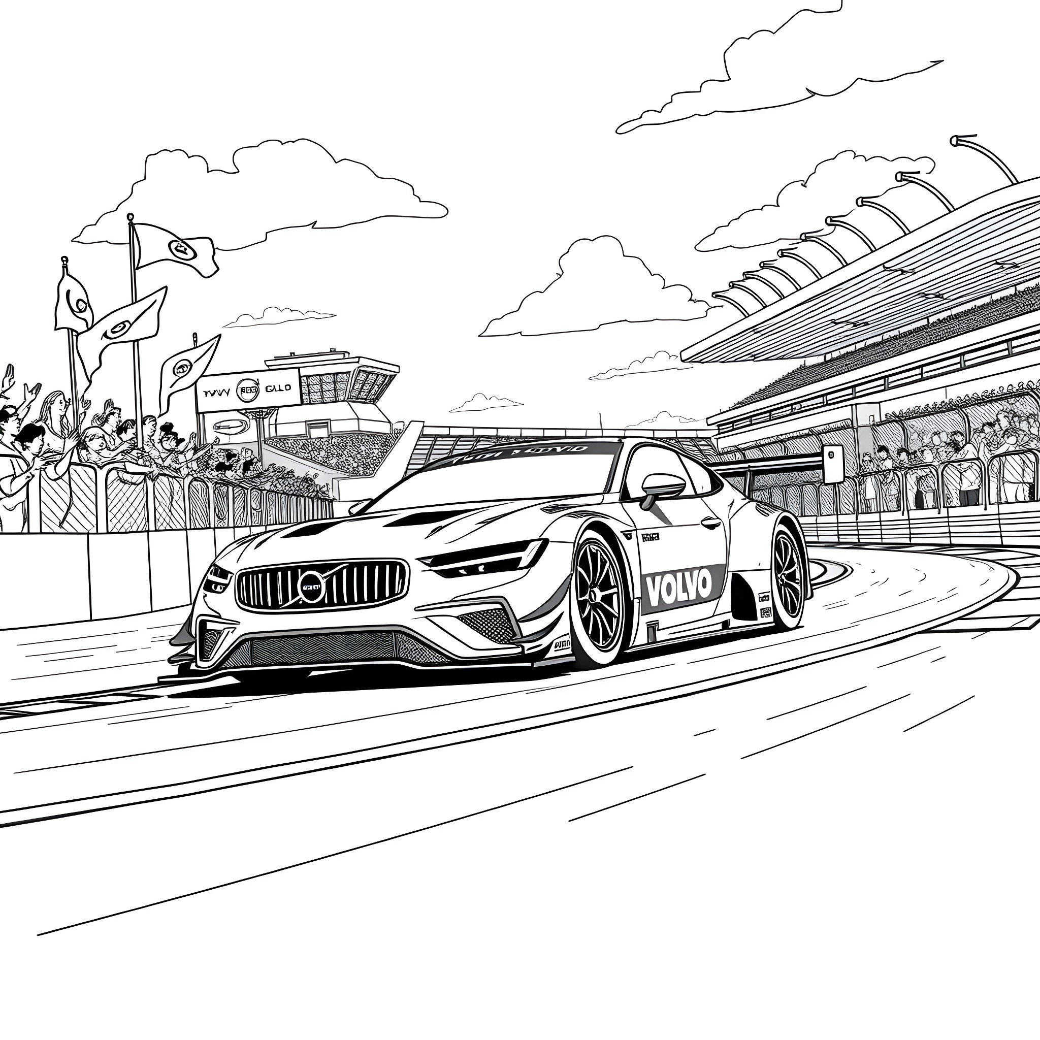 Volvo racing car on track with spectators Coloring Page (free black-and-white line drawing printable PDF for all, from beginners to advanced learners, including children, teens, adults, and seniors)