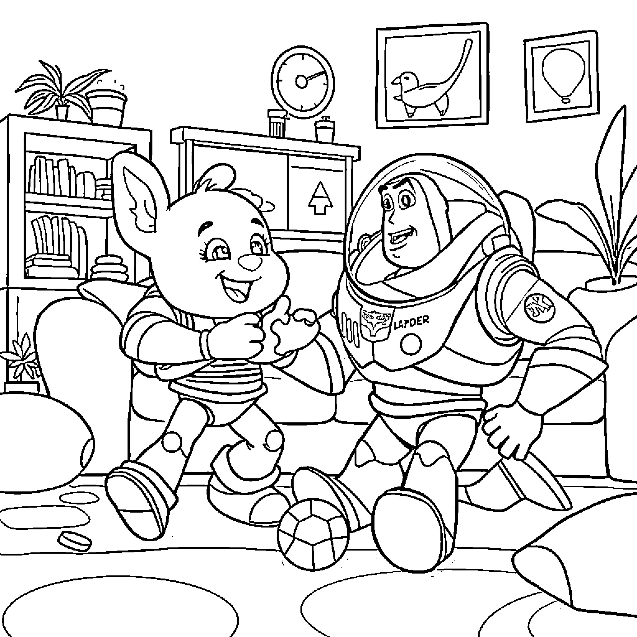 Bluey playing happily with Buzz Lightyear in the room Coloring Page (free black-and-white line drawing printable PDF for all, from beginners to advanced learners, including children, teens, adults, and seniors)