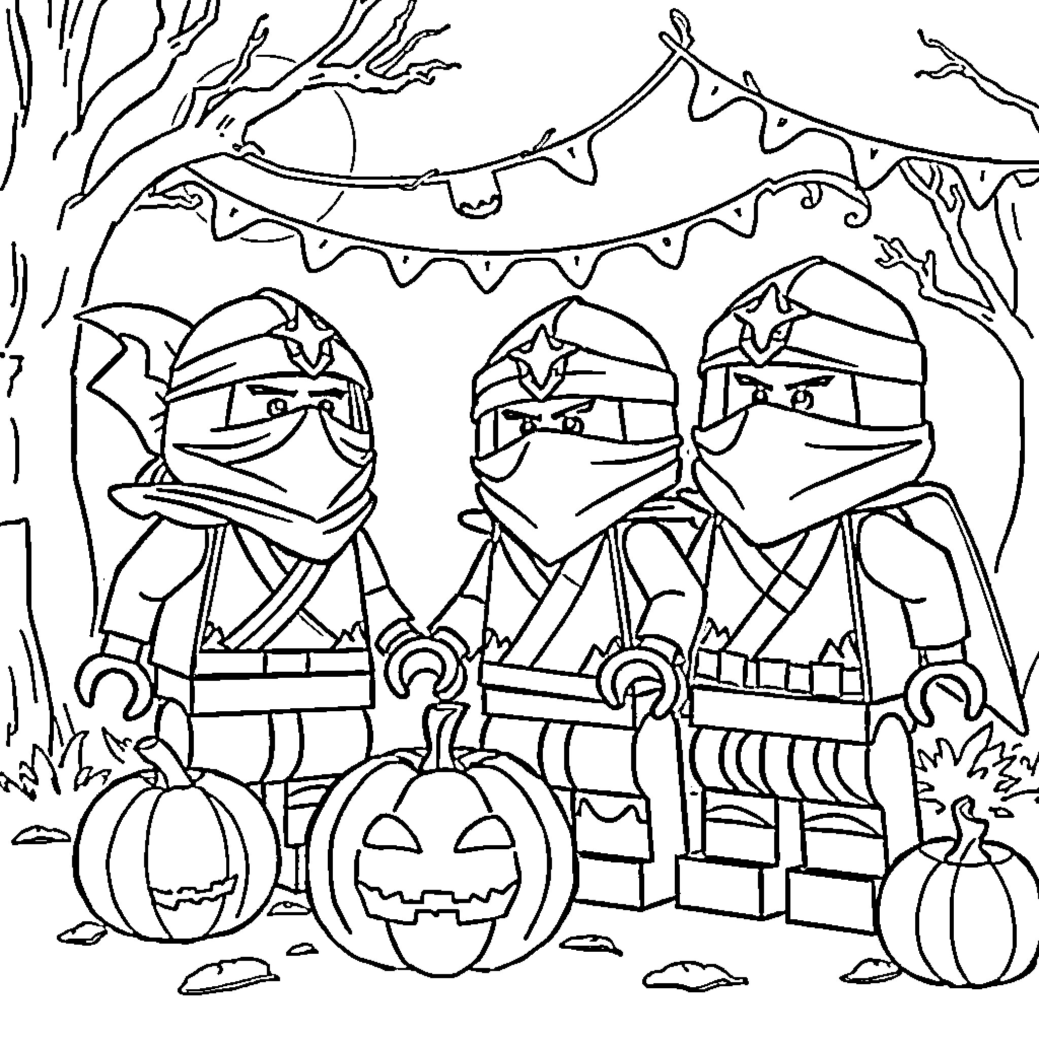 Ninjago characters celebrating Halloween with pumpkins Coloring Page (free black-and-white line drawing printable PDF for all, from beginners to advanced learners, including children, teens, adults, and seniors)