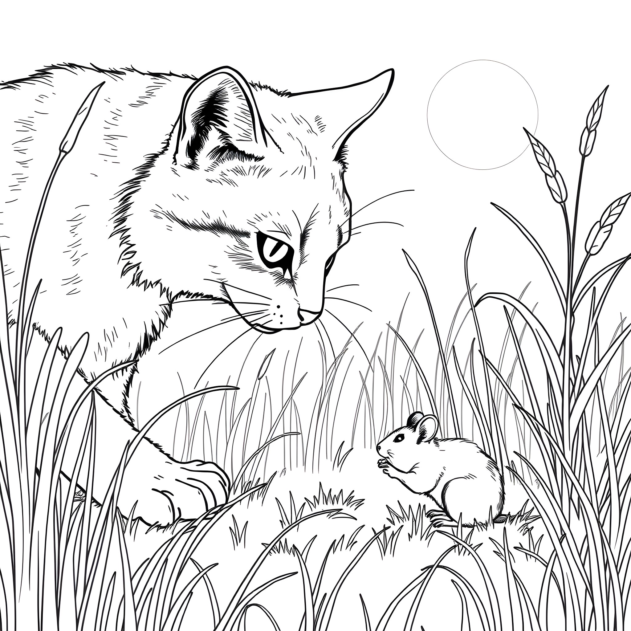 Cat observing mouse in grass field Coloring Page (free black-and-white line drawing printable PDF for all, from beginners to advanced learners, including children, teens, adults, and seniors)